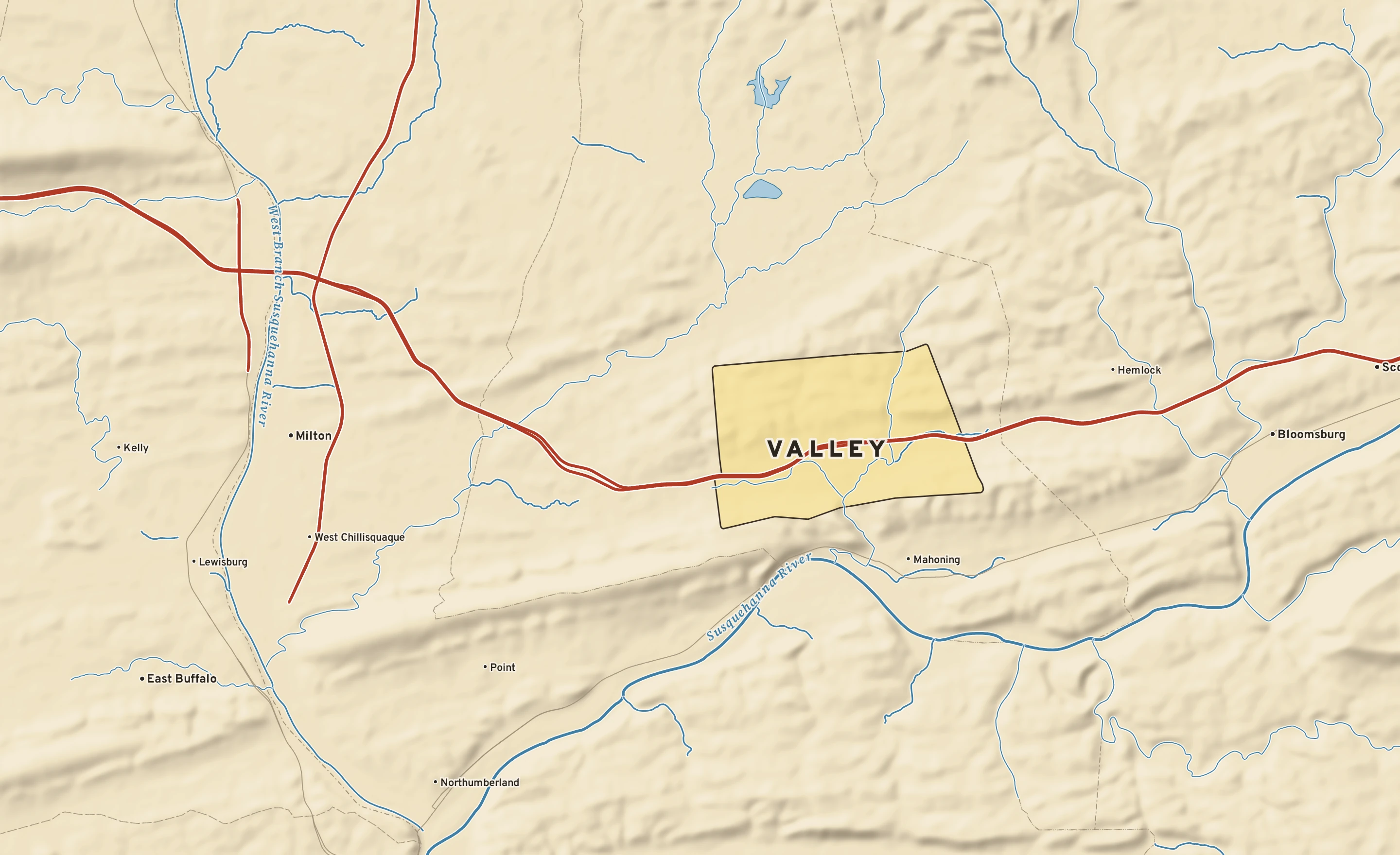 Shaded-relief atlas plate of Valley, Pennsylvania: rivers, roads, the city limits and where the water drains.