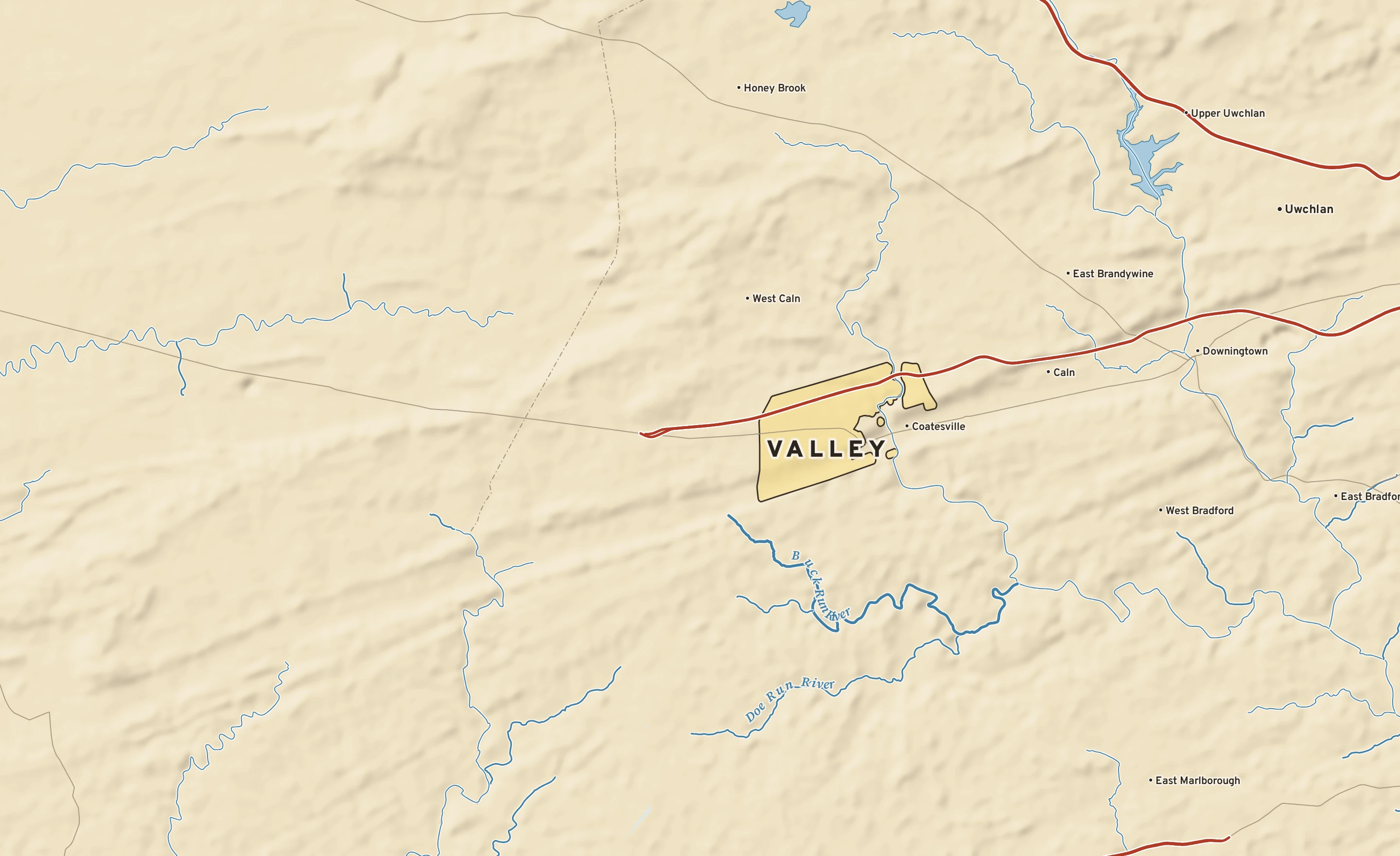 Shaded-relief atlas plate of Valley, Pennsylvania: rivers, roads, the city limits and where the water drains.