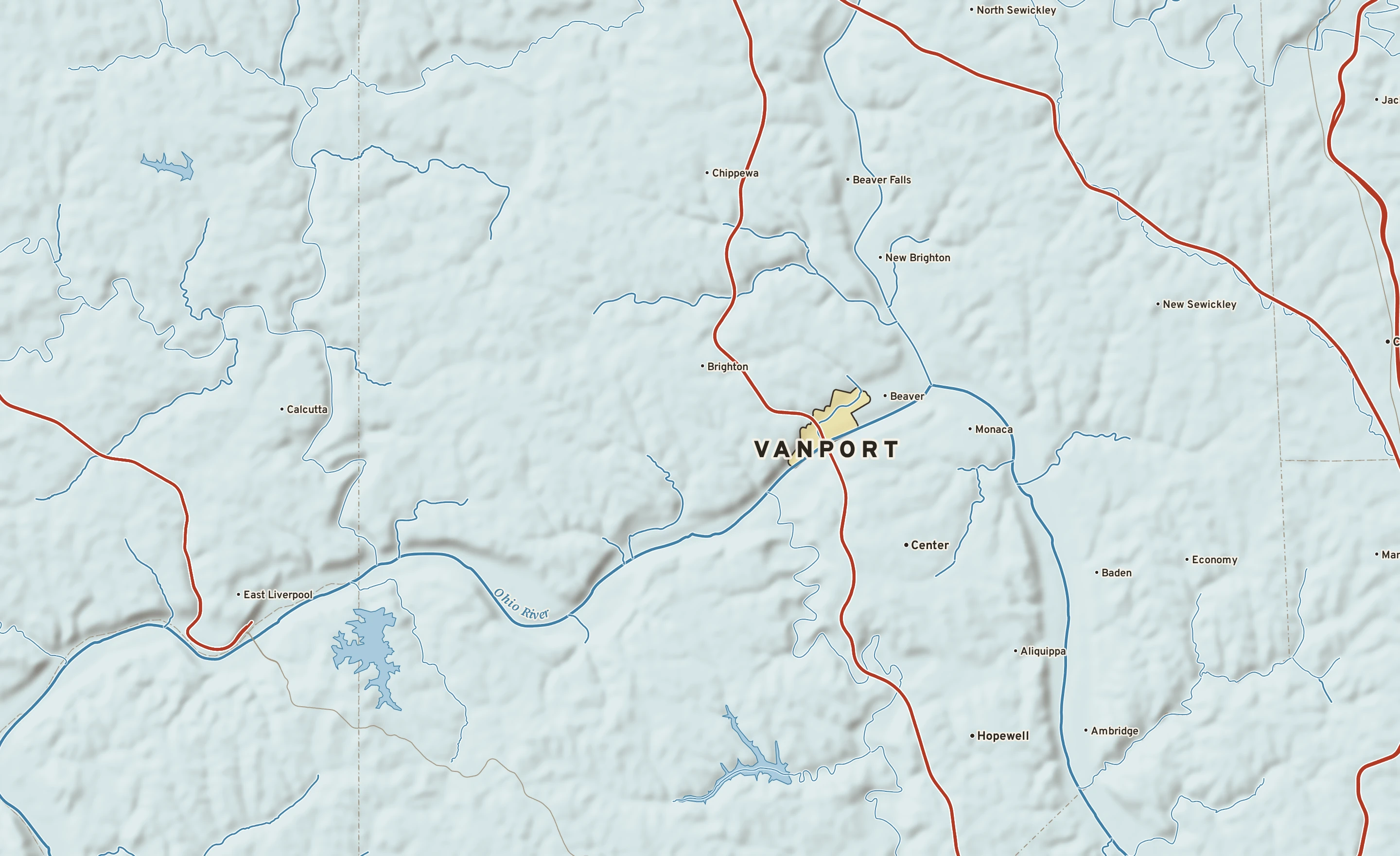 Shaded-relief atlas plate of Vanport, Pennsylvania: rivers, roads, the city limits and where the water drains.