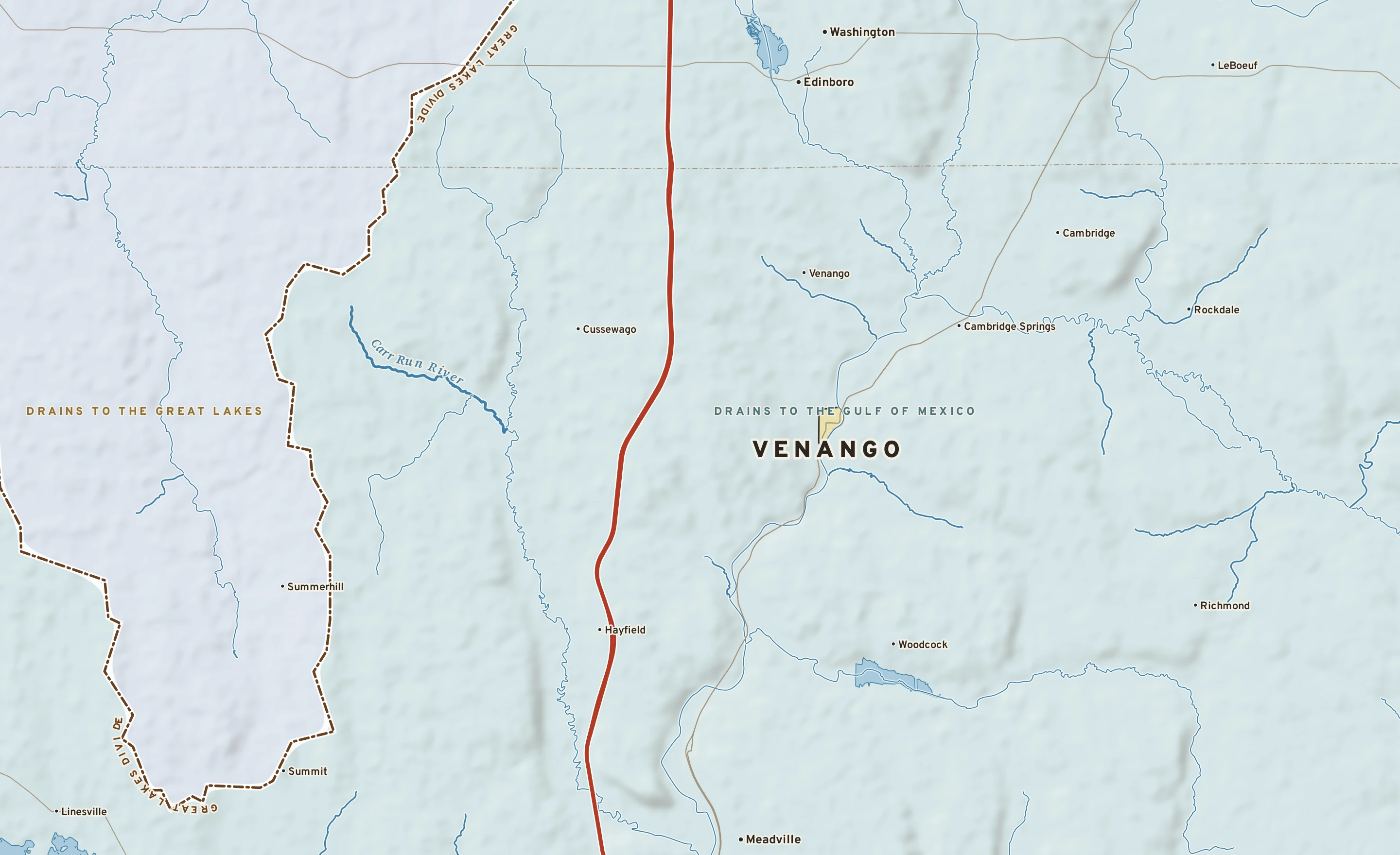 Shaded-relief atlas plate of Venango, Pennsylvania: rivers, roads, the city limits and where the water drains.