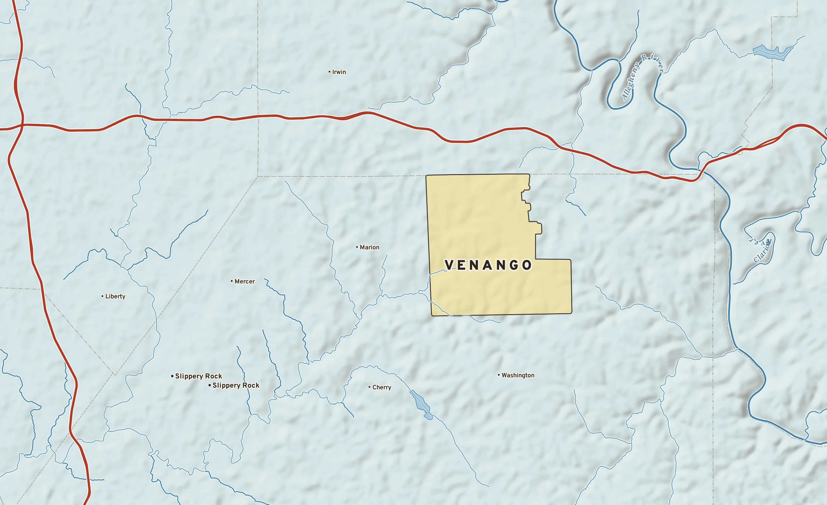Shaded-relief atlas plate of Venango, Pennsylvania: rivers, roads, the city limits and where the water drains.