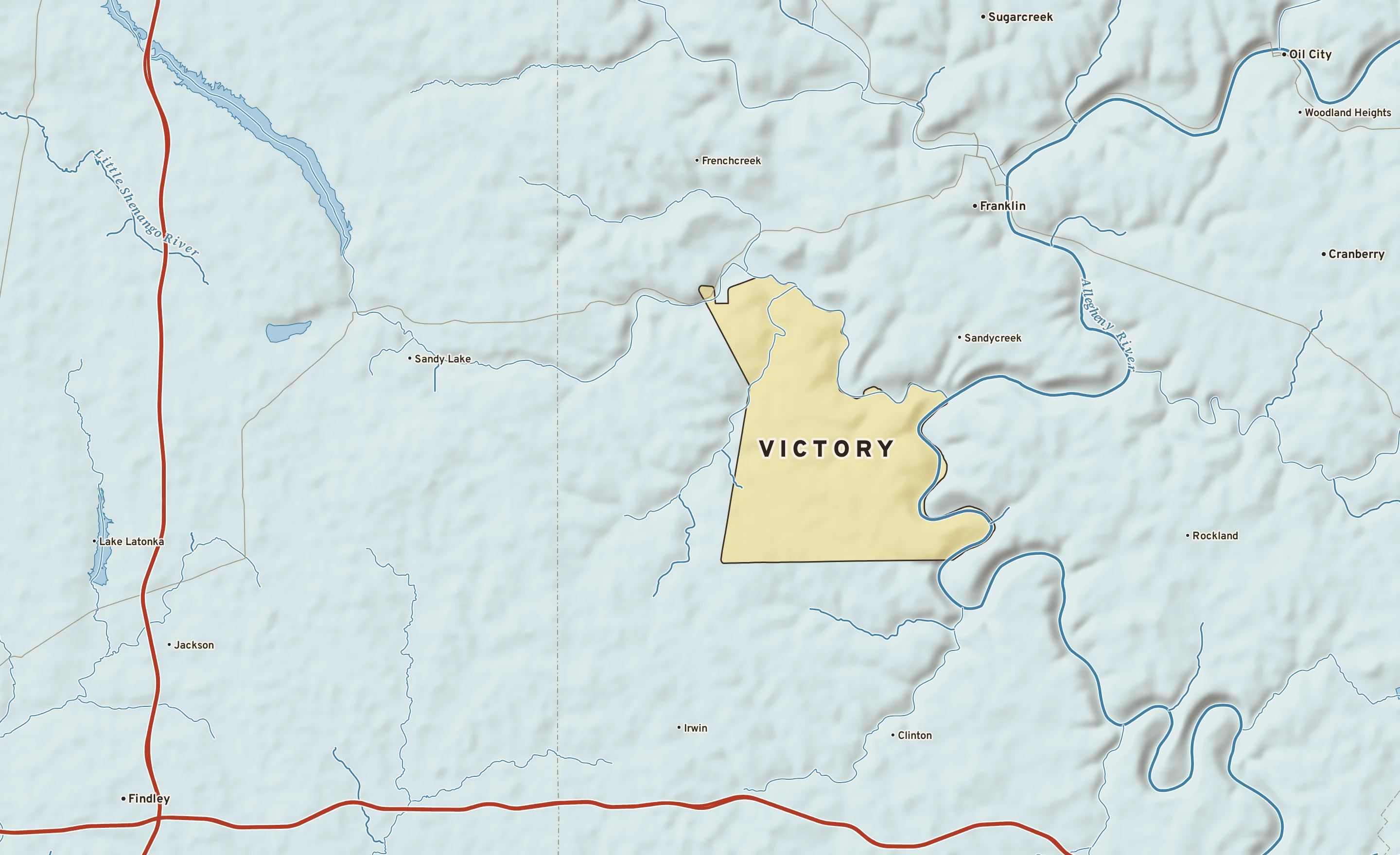 Shaded-relief atlas plate of Victory, Pennsylvania: rivers, roads, the city limits and where the water drains.