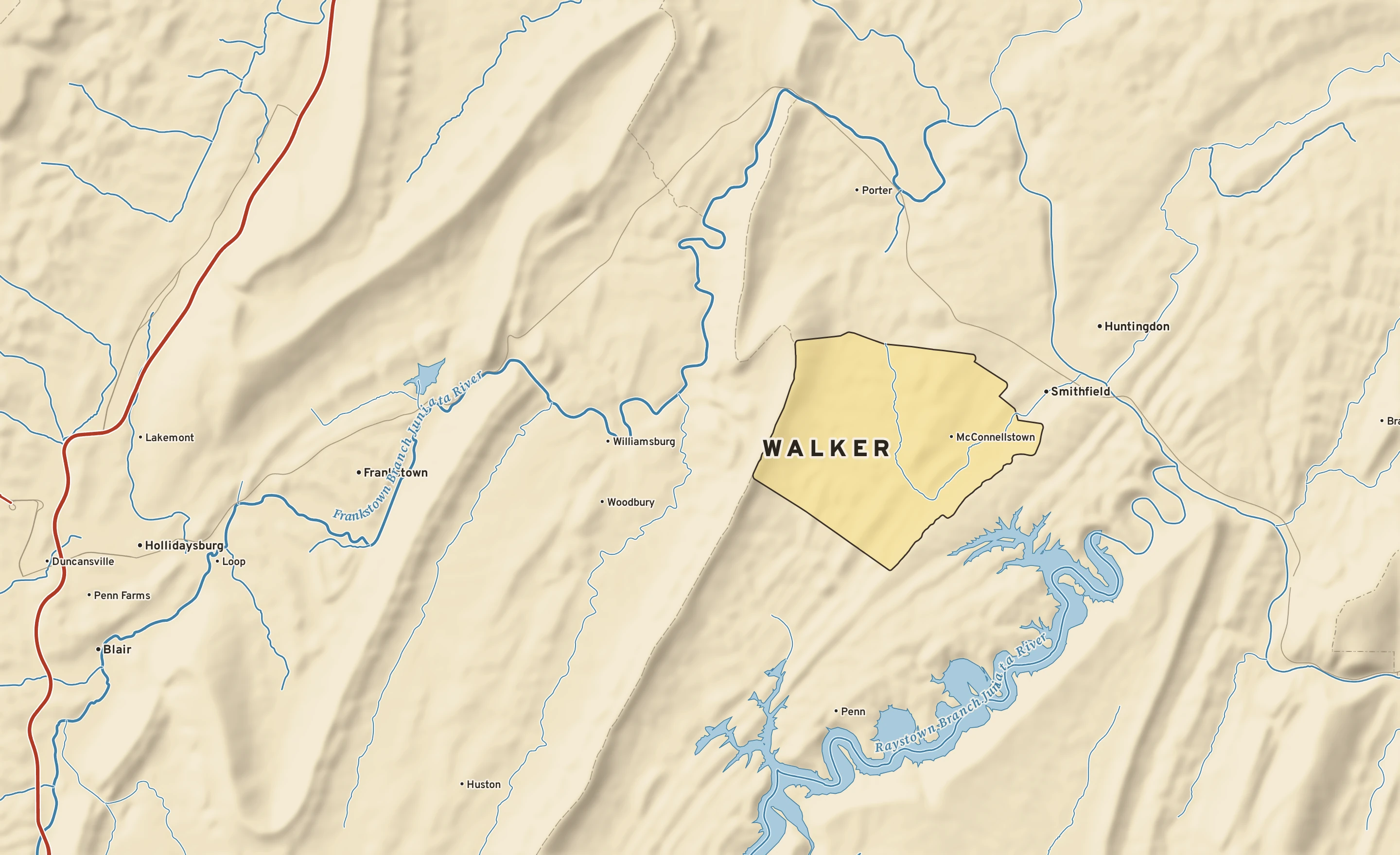 Shaded-relief atlas plate of Walker, Pennsylvania: rivers, roads, the city limits and where the water drains.