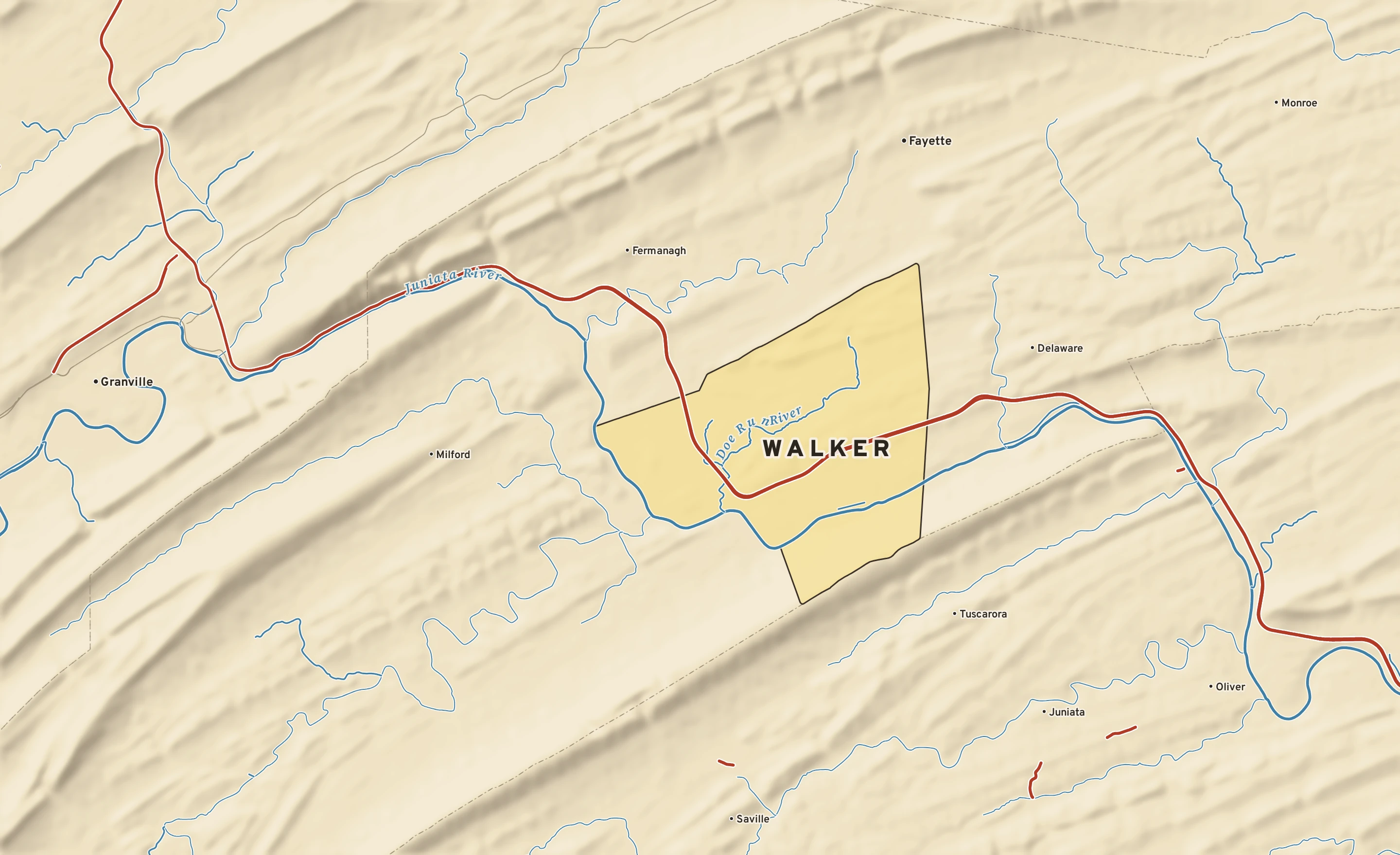 Shaded-relief atlas plate of Walker, Pennsylvania: rivers, roads, the city limits and where the water drains.