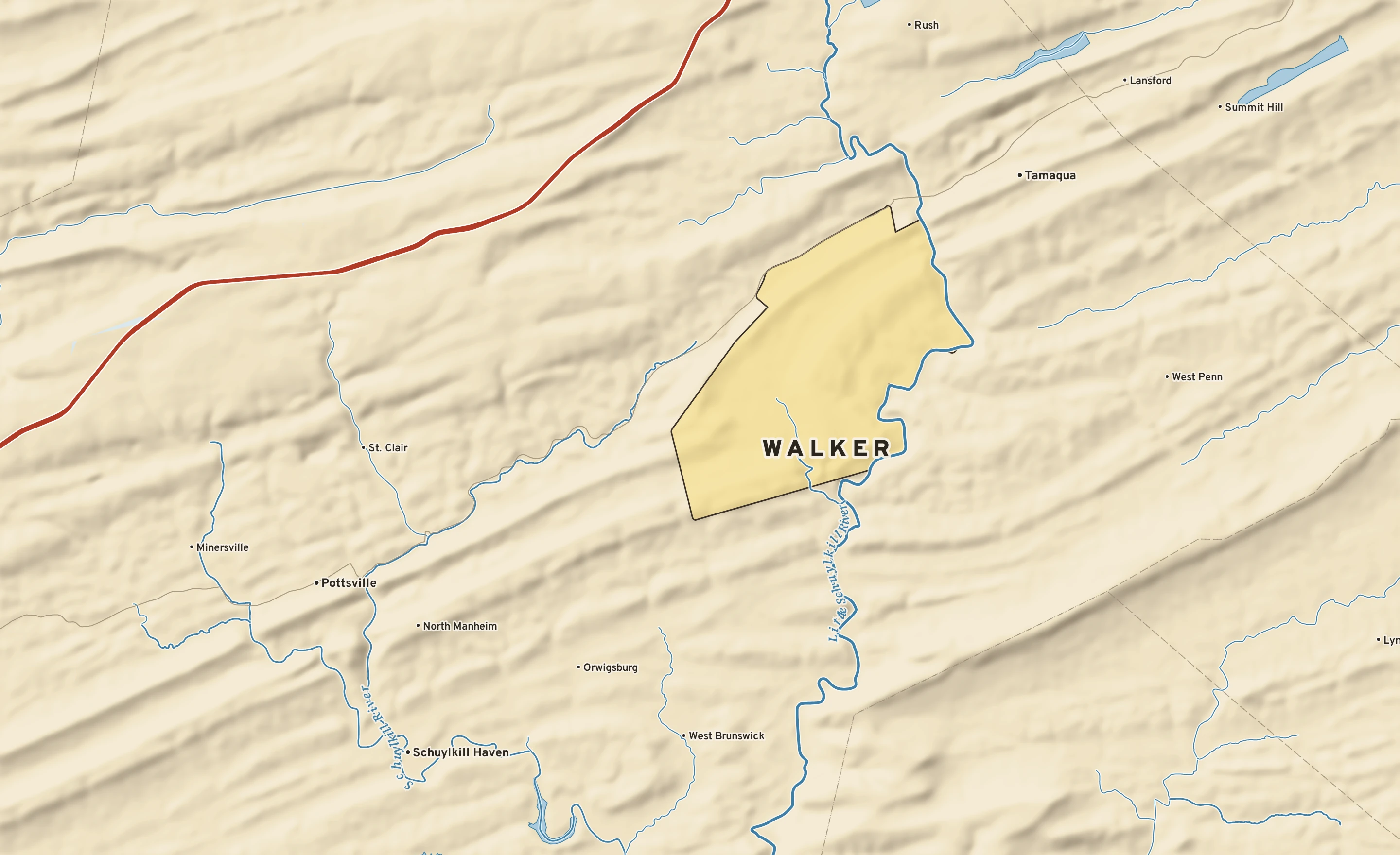 Shaded-relief atlas plate of Walker, Pennsylvania: rivers, roads, the city limits and where the water drains.
