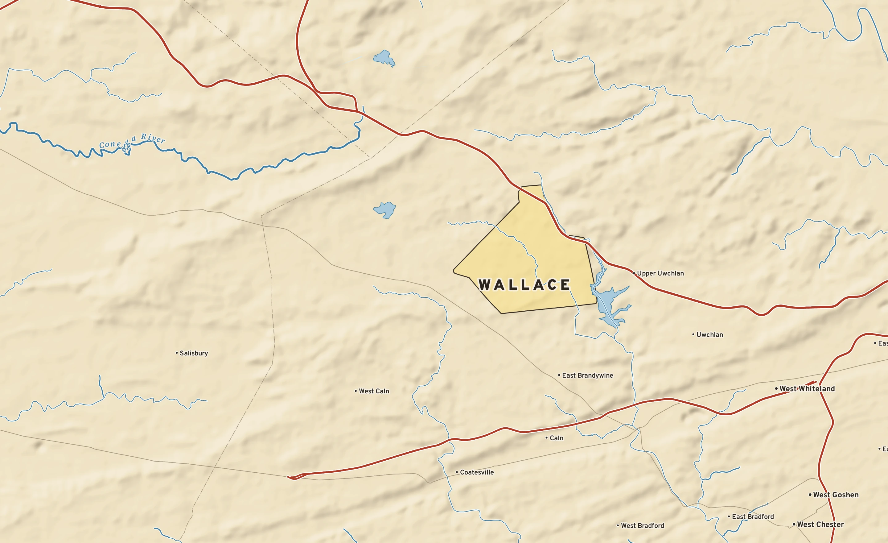 Shaded-relief atlas plate of Wallace, Pennsylvania: rivers, roads, the city limits and where the water drains.