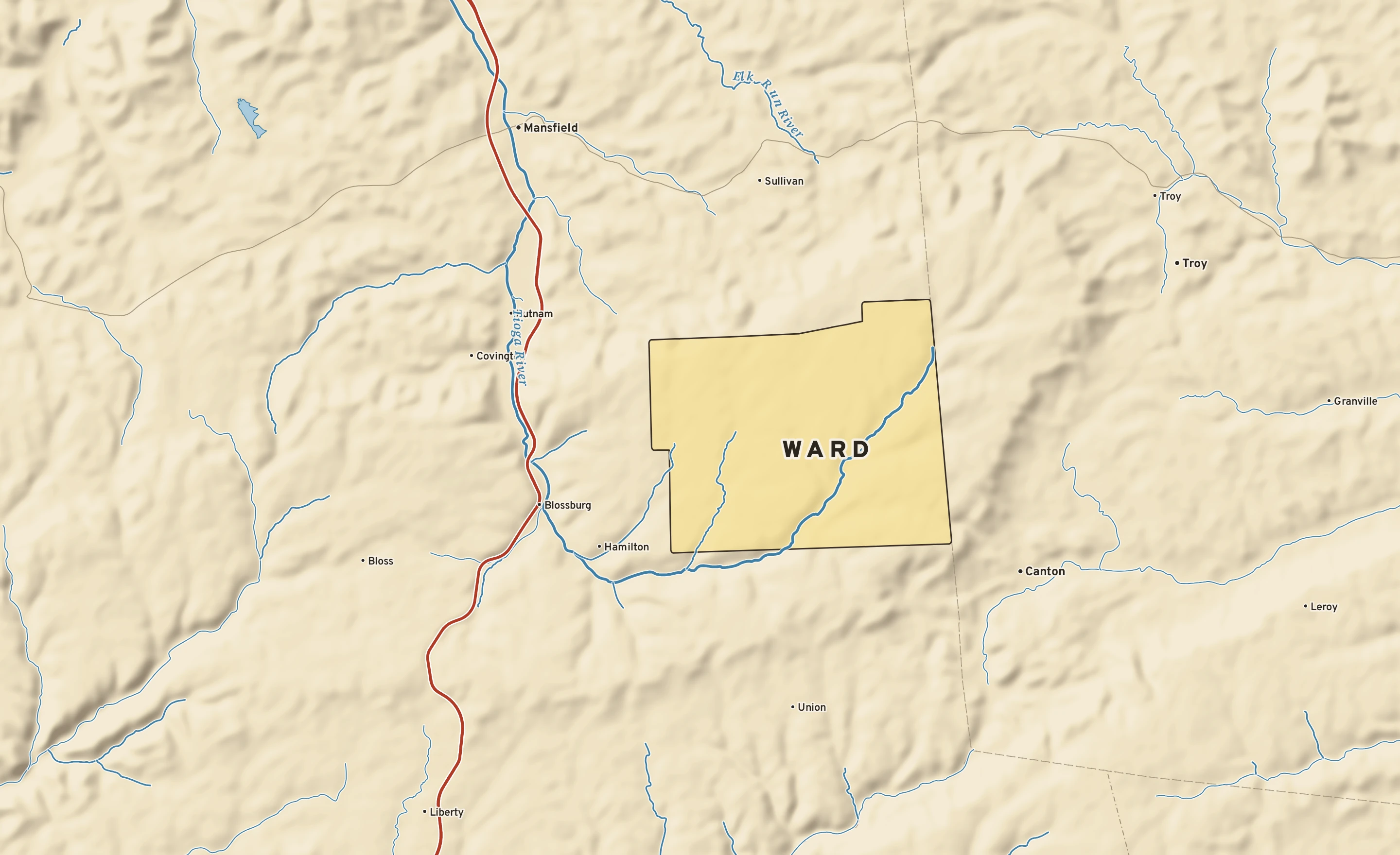 Shaded-relief atlas plate of Ward, Pennsylvania: rivers, roads, the city limits and where the water drains.