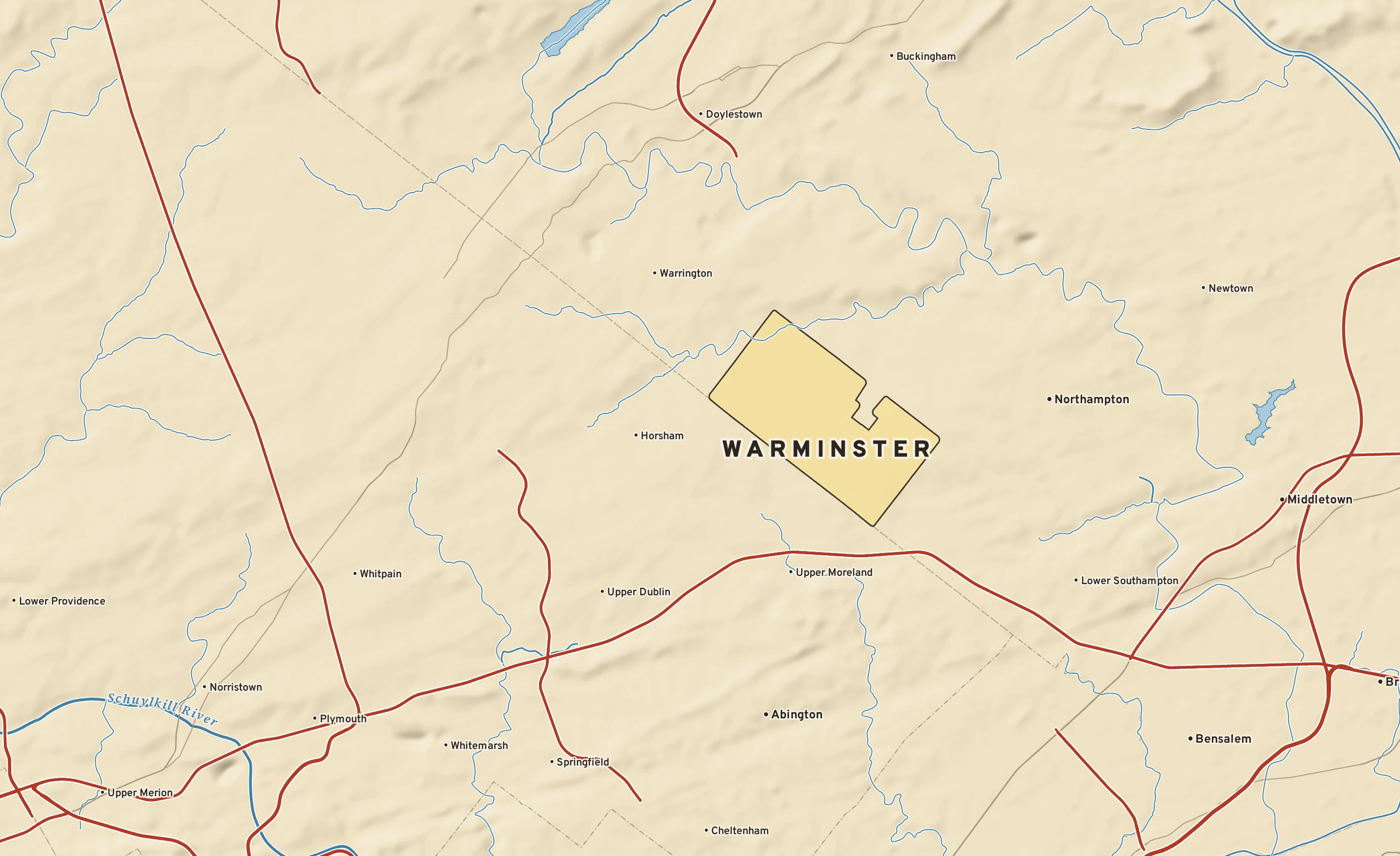 Shaded-relief atlas plate of Warminster, Pennsylvania: rivers, roads, the city limits and where the water drains.