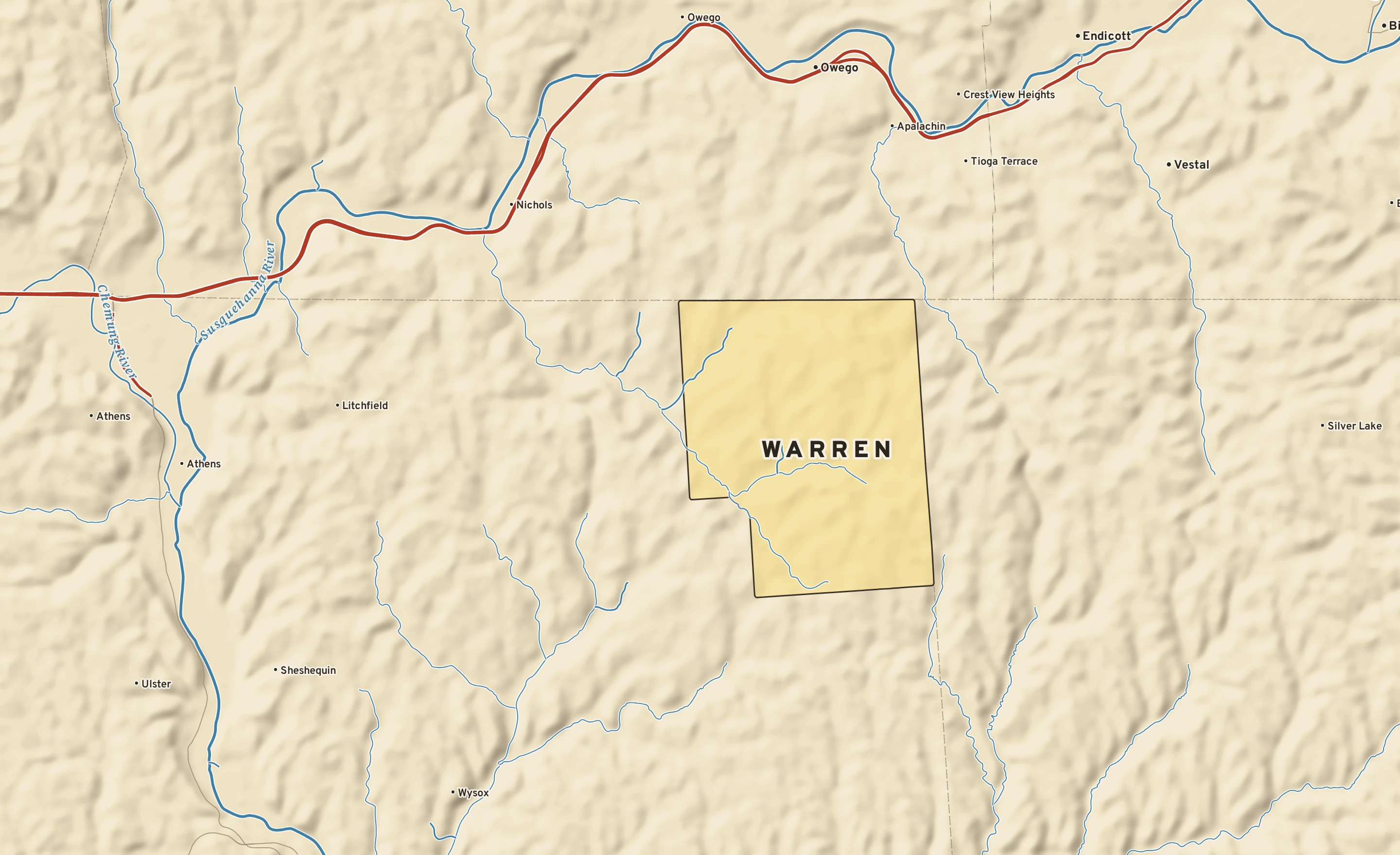 Shaded-relief atlas plate of Warren, Pennsylvania: rivers, roads, the city limits and where the water drains.