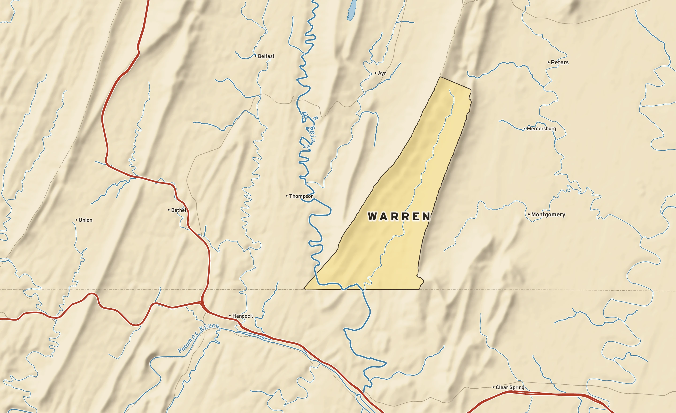 Shaded-relief atlas plate of Warren, Pennsylvania: rivers, roads, the city limits and where the water drains.