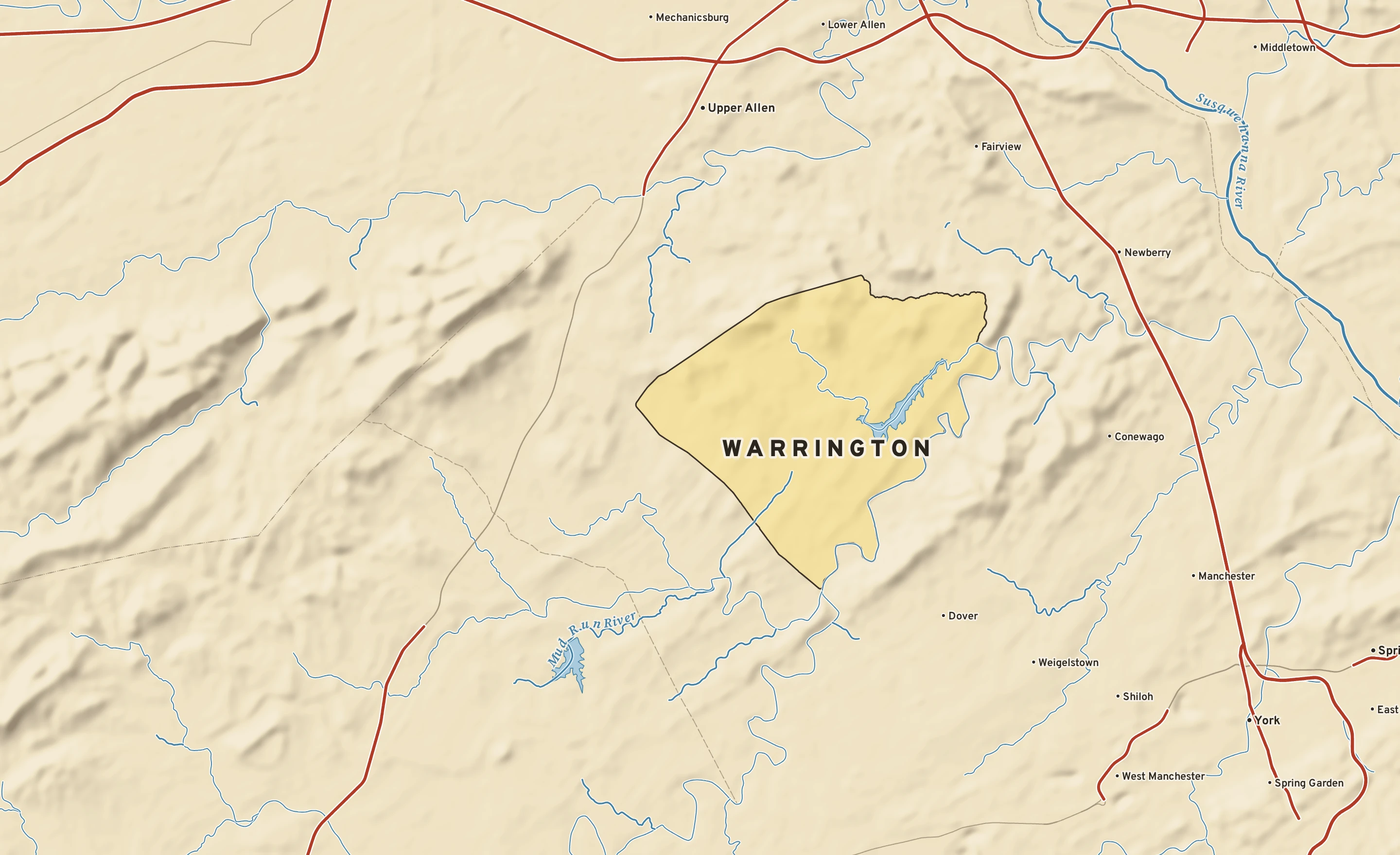 Shaded-relief atlas plate of Warrington, Pennsylvania: rivers, roads, the city limits and where the water drains.