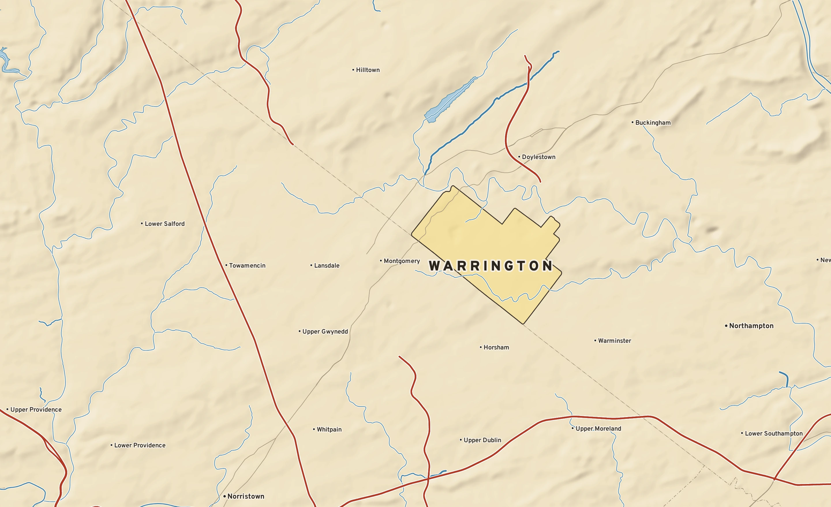 Shaded-relief atlas plate of Warrington, Pennsylvania: rivers, roads, the city limits and where the water drains.