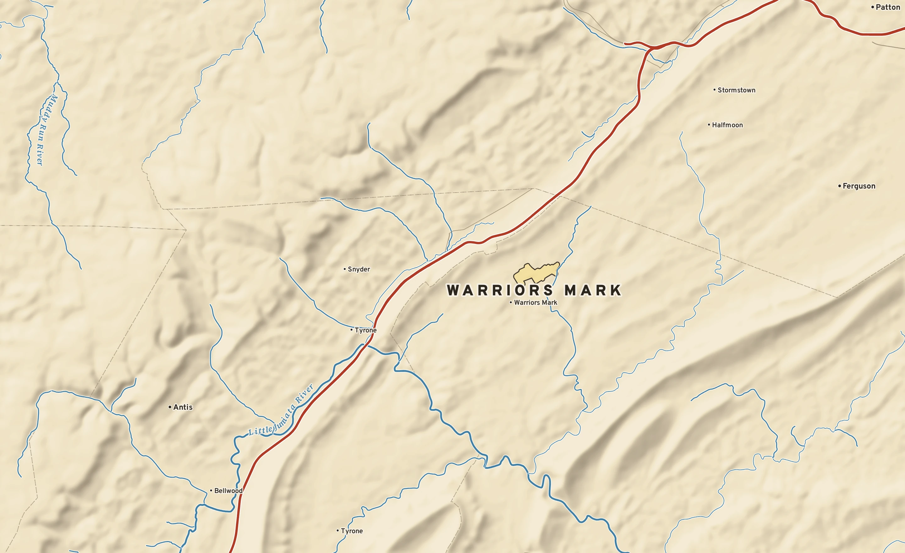 Shaded-relief atlas plate of Warriors Mark, Pennsylvania: rivers, roads, the city limits and where the water drains.