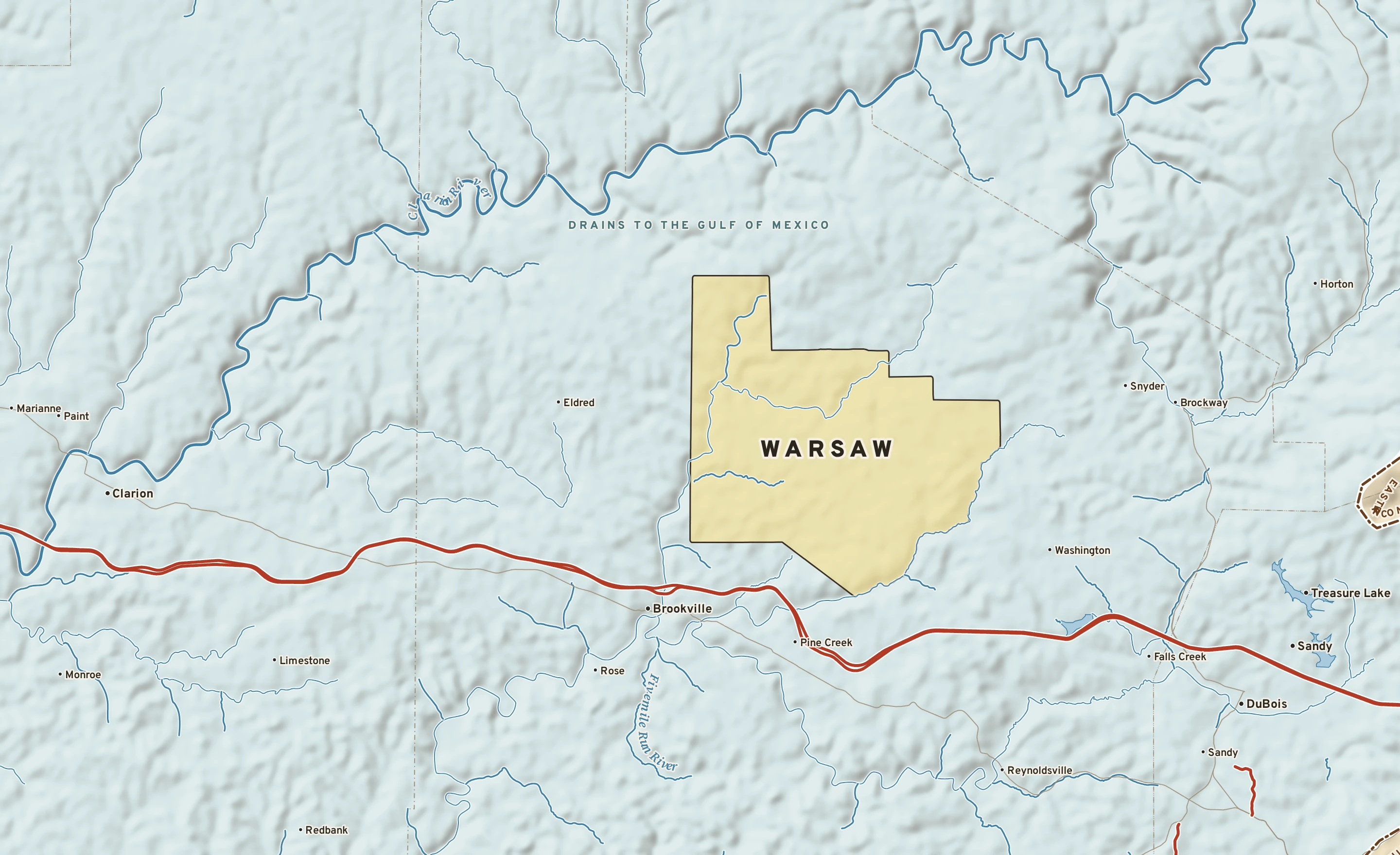 Shaded-relief atlas plate of Warsaw, Pennsylvania: rivers, roads, the city limits and where the water drains.