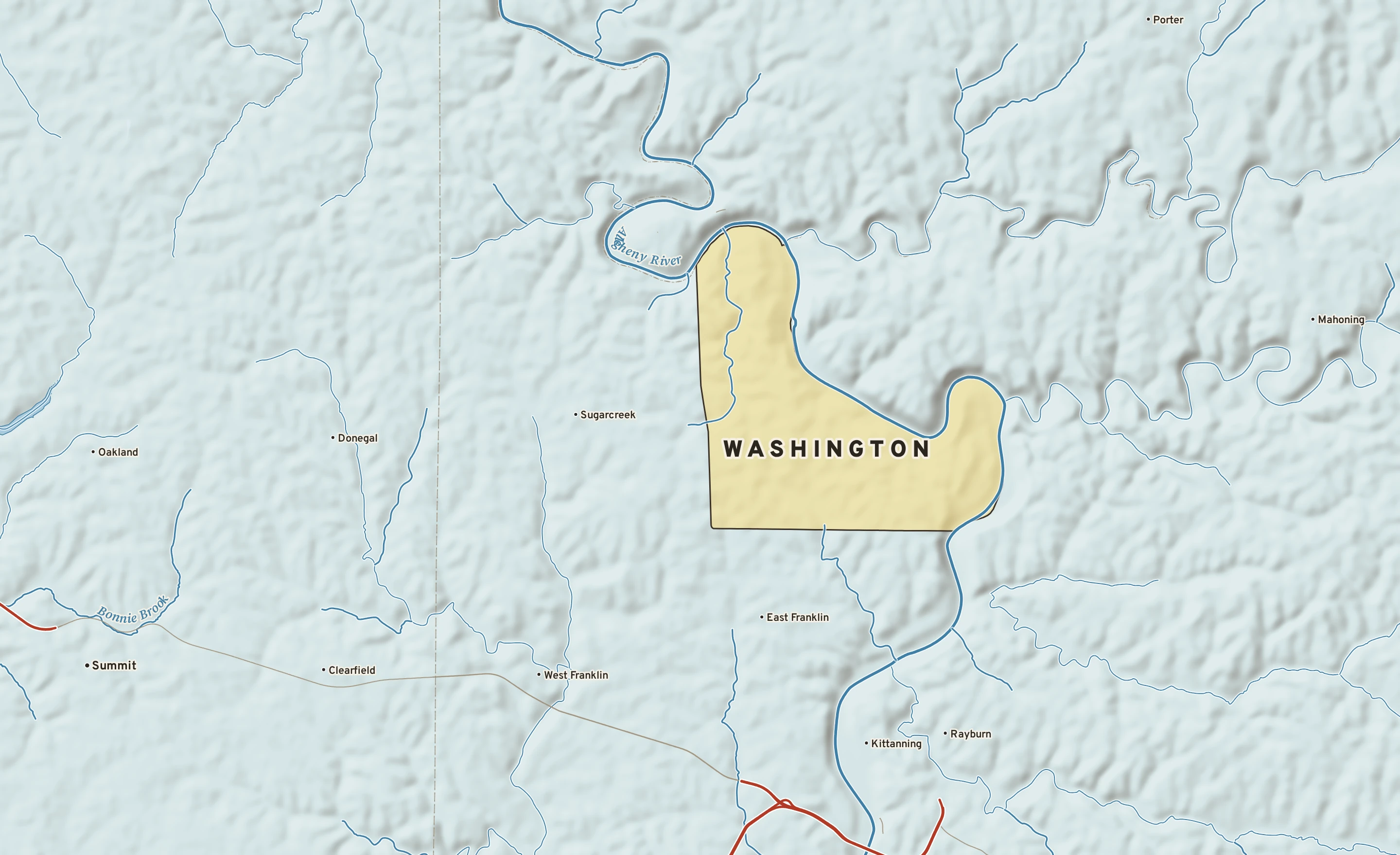 Shaded-relief atlas plate of Washington, Pennsylvania: rivers, roads, the city limits and where the water drains.