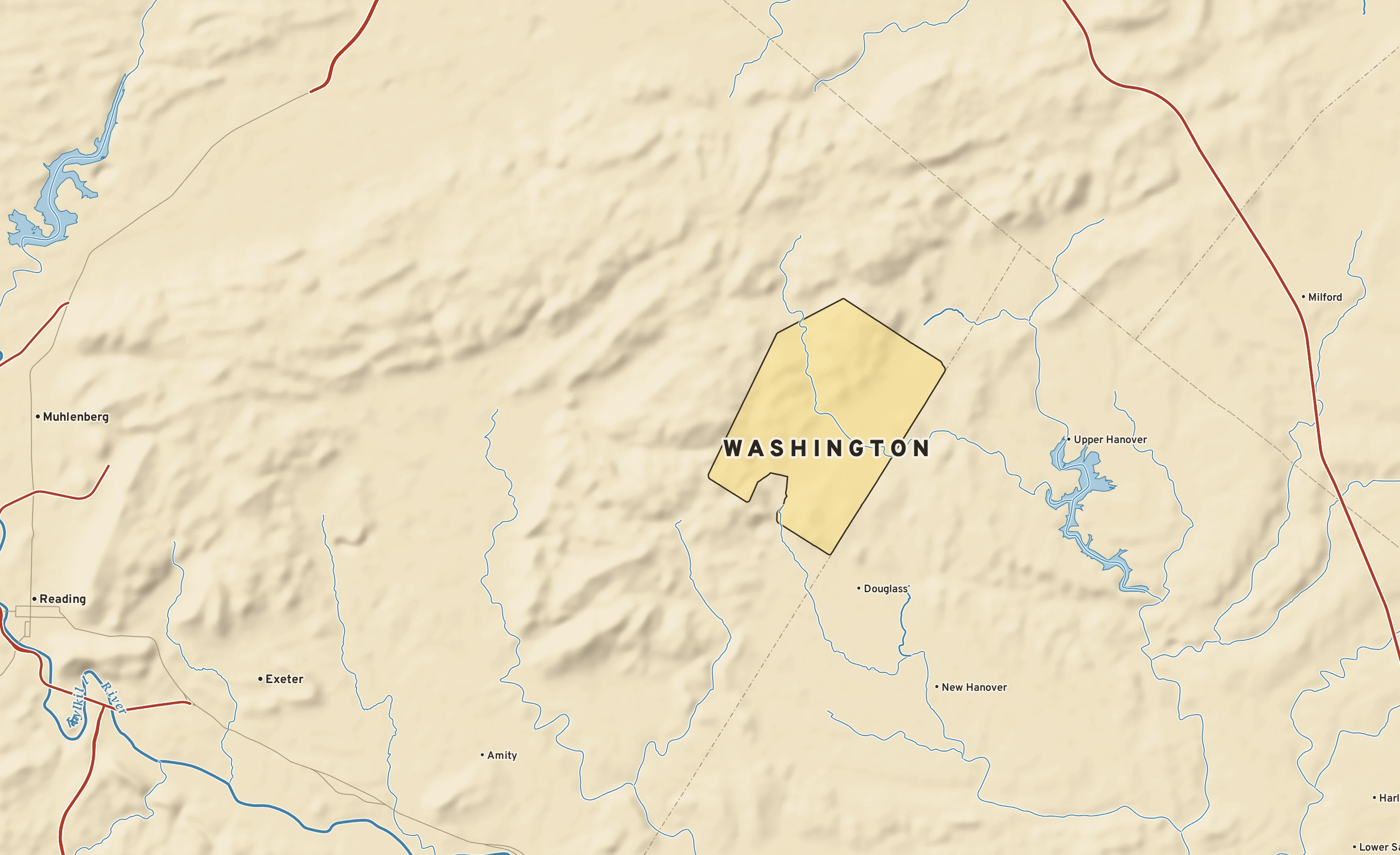 Shaded-relief atlas plate of Washington, Pennsylvania: rivers, roads, the city limits and where the water drains.