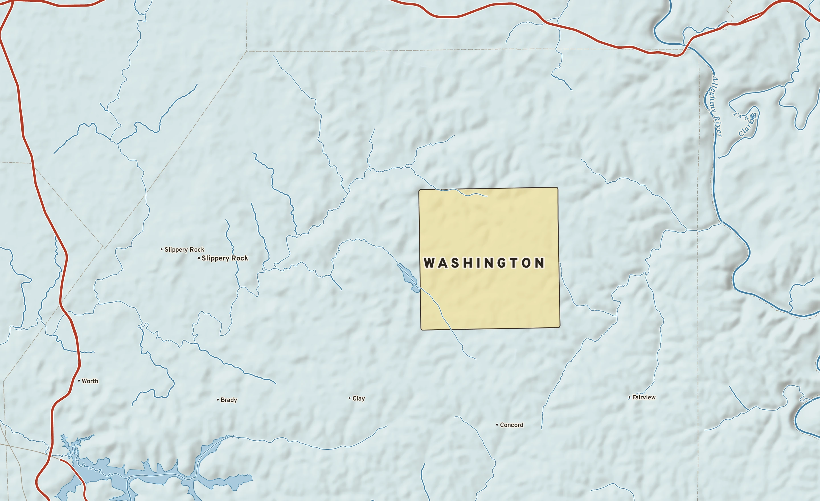 Shaded-relief atlas plate of Washington, Pennsylvania: rivers, roads, the city limits and where the water drains.