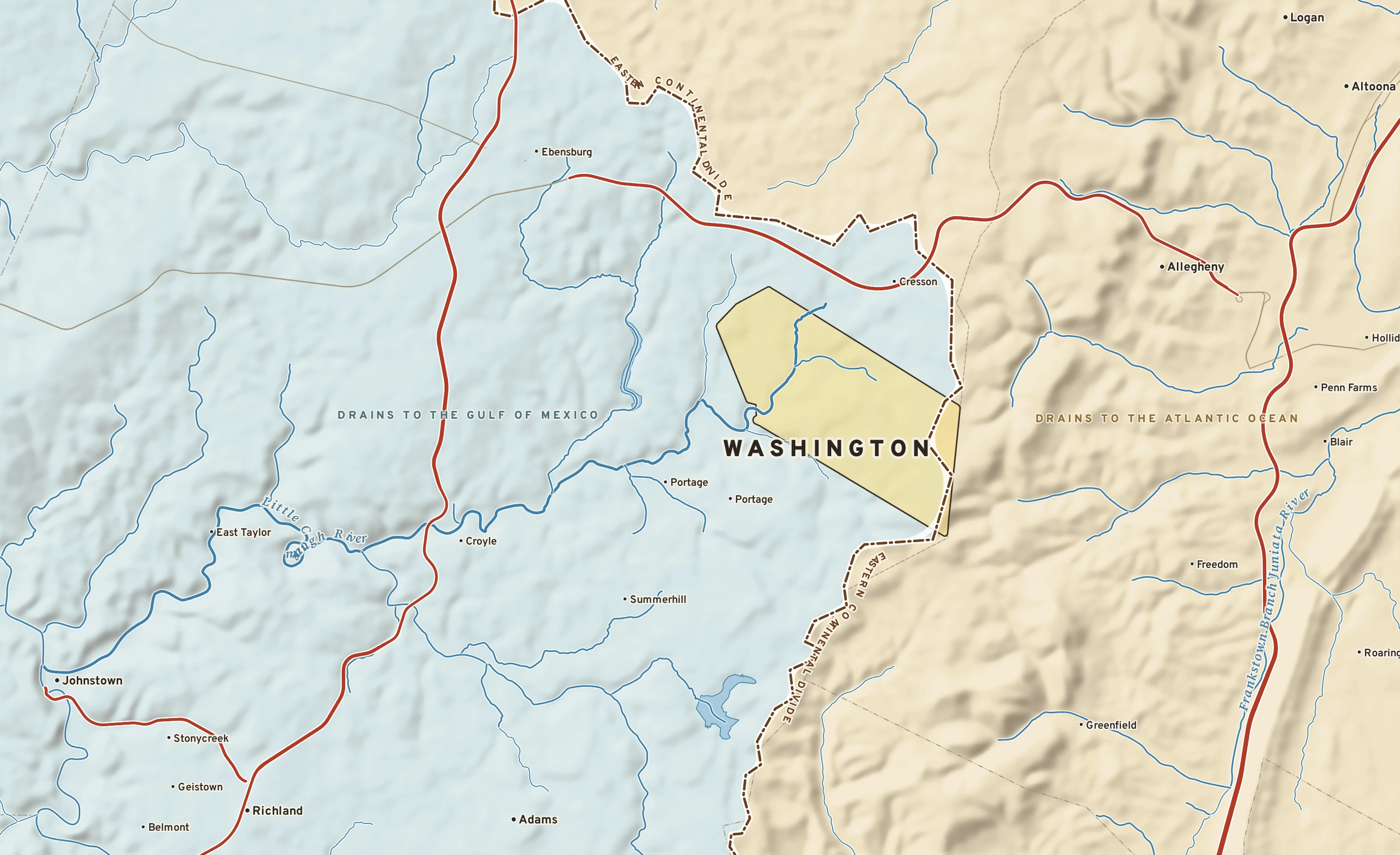 Shaded-relief atlas plate of Washington, Pennsylvania: rivers, roads, the city limits and where the water drains.