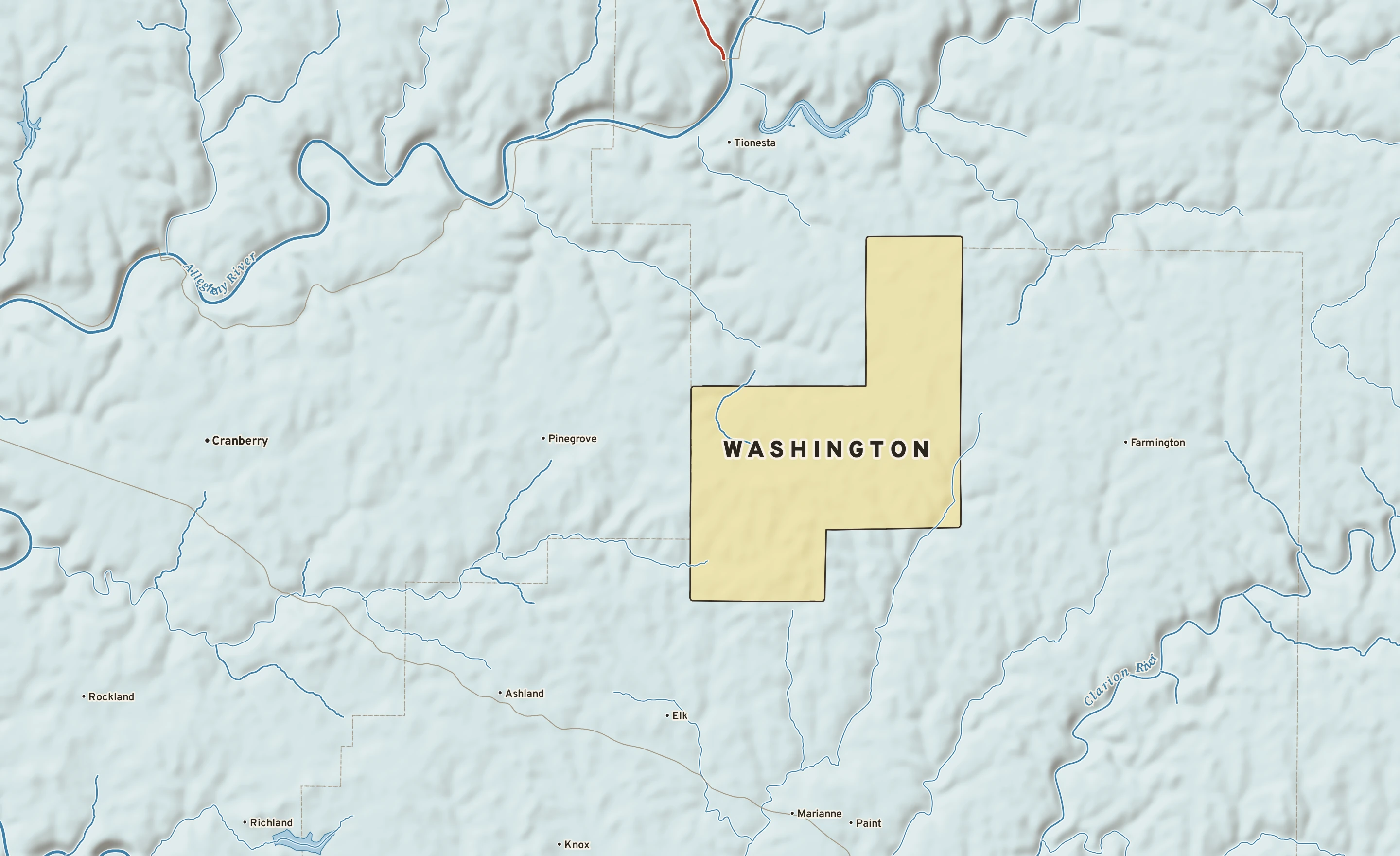 Shaded-relief atlas plate of Washington, Pennsylvania: rivers, roads, the city limits and where the water drains.