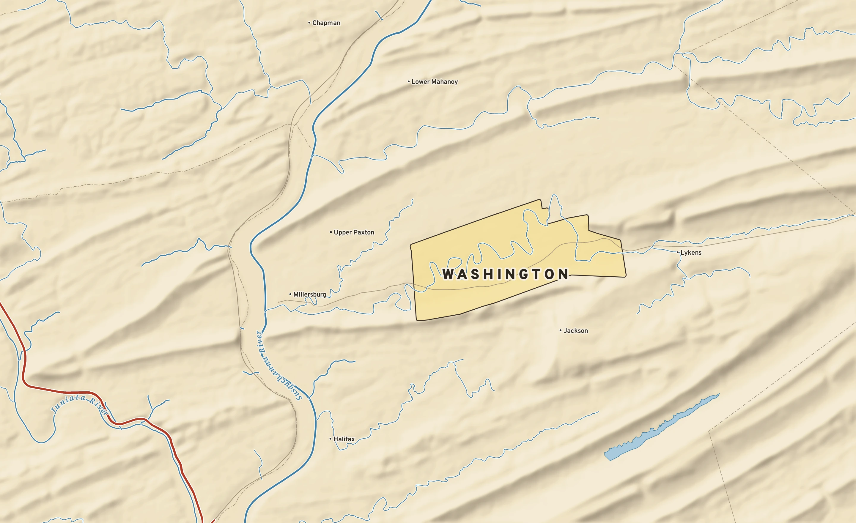 Shaded-relief atlas plate of Washington, Pennsylvania: rivers, roads, the city limits and where the water drains.