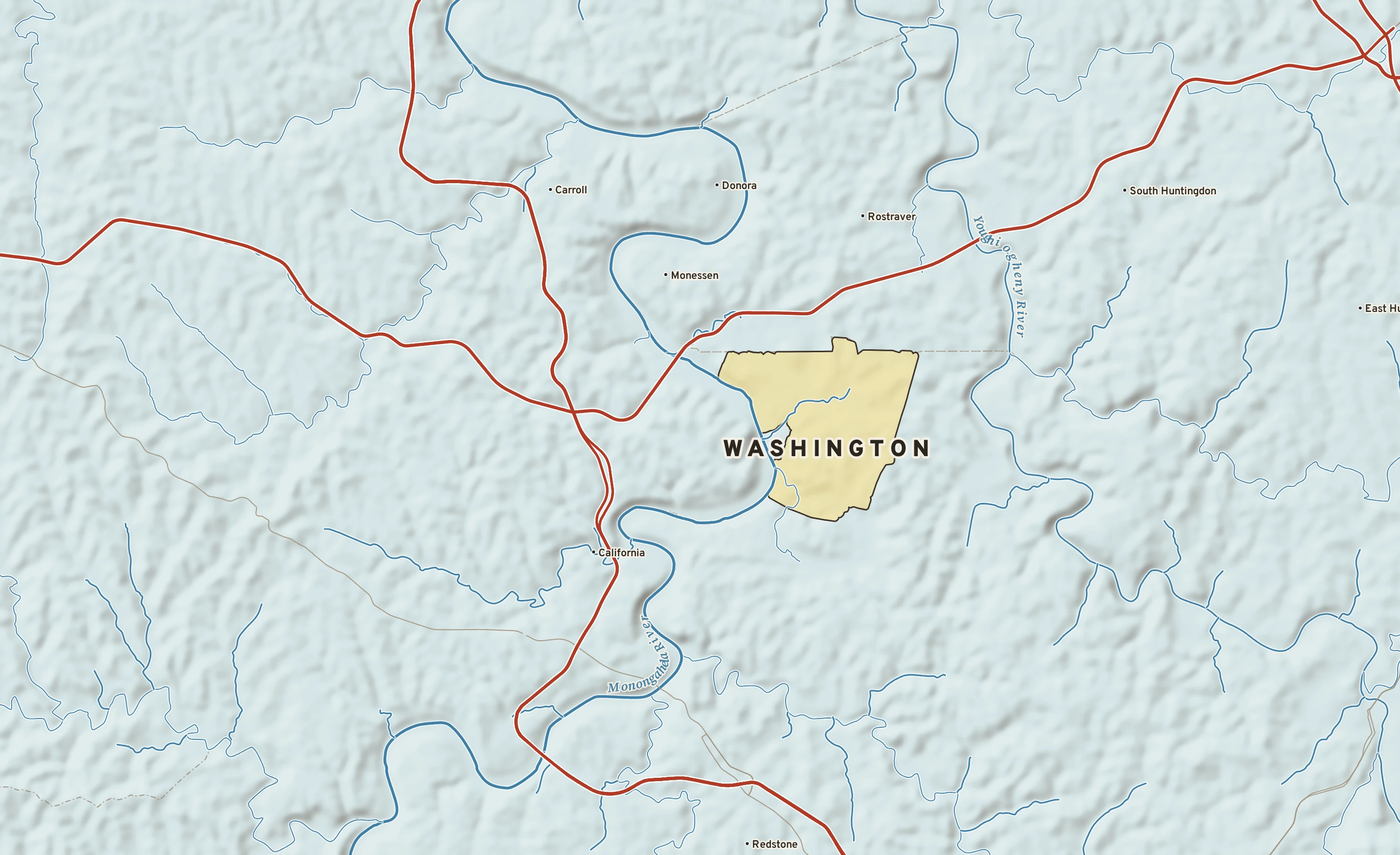 Shaded-relief atlas plate of Washington, Pennsylvania: rivers, roads, the city limits and where the water drains.