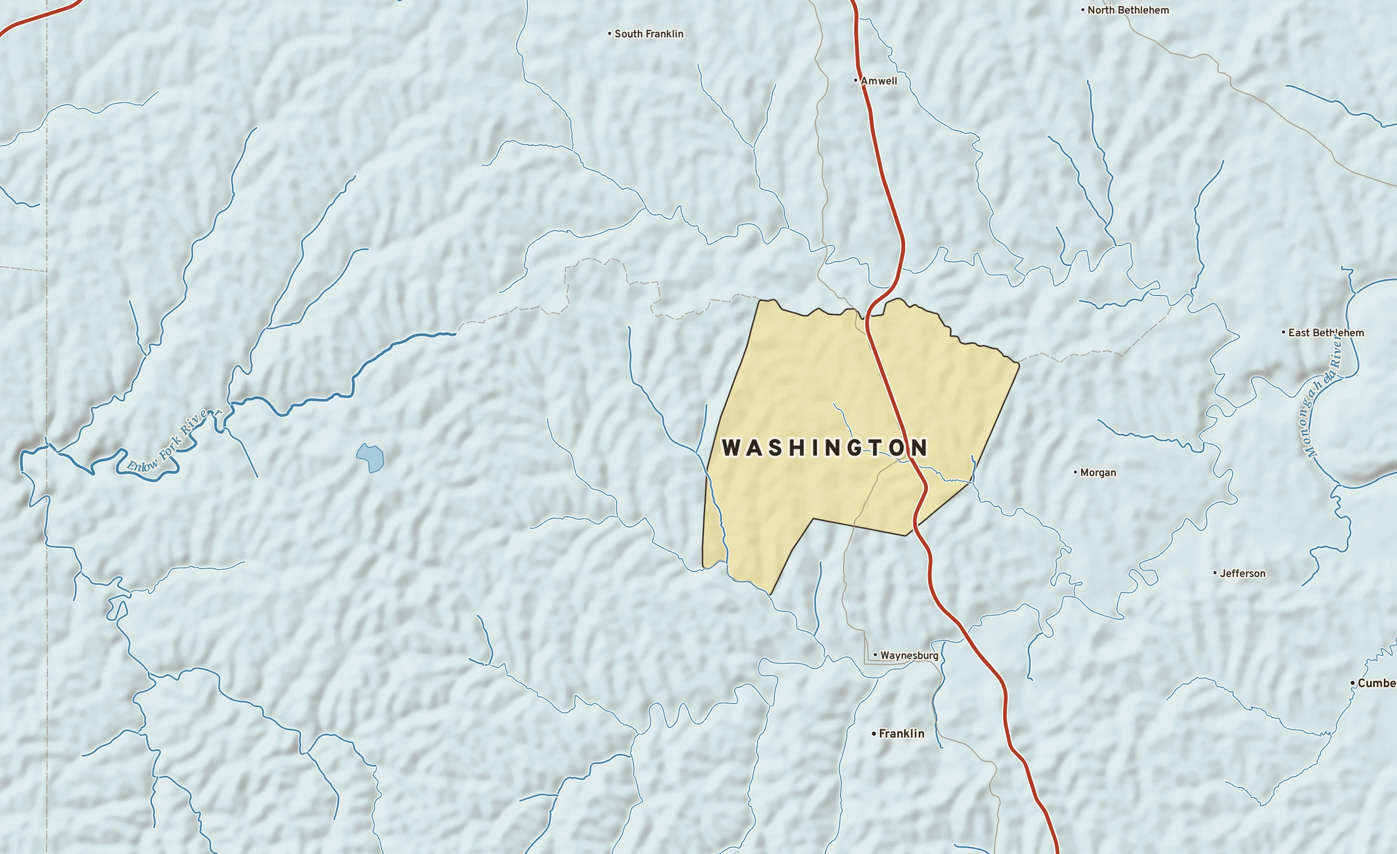 Shaded-relief atlas plate of Washington, Pennsylvania: rivers, roads, the city limits and where the water drains.