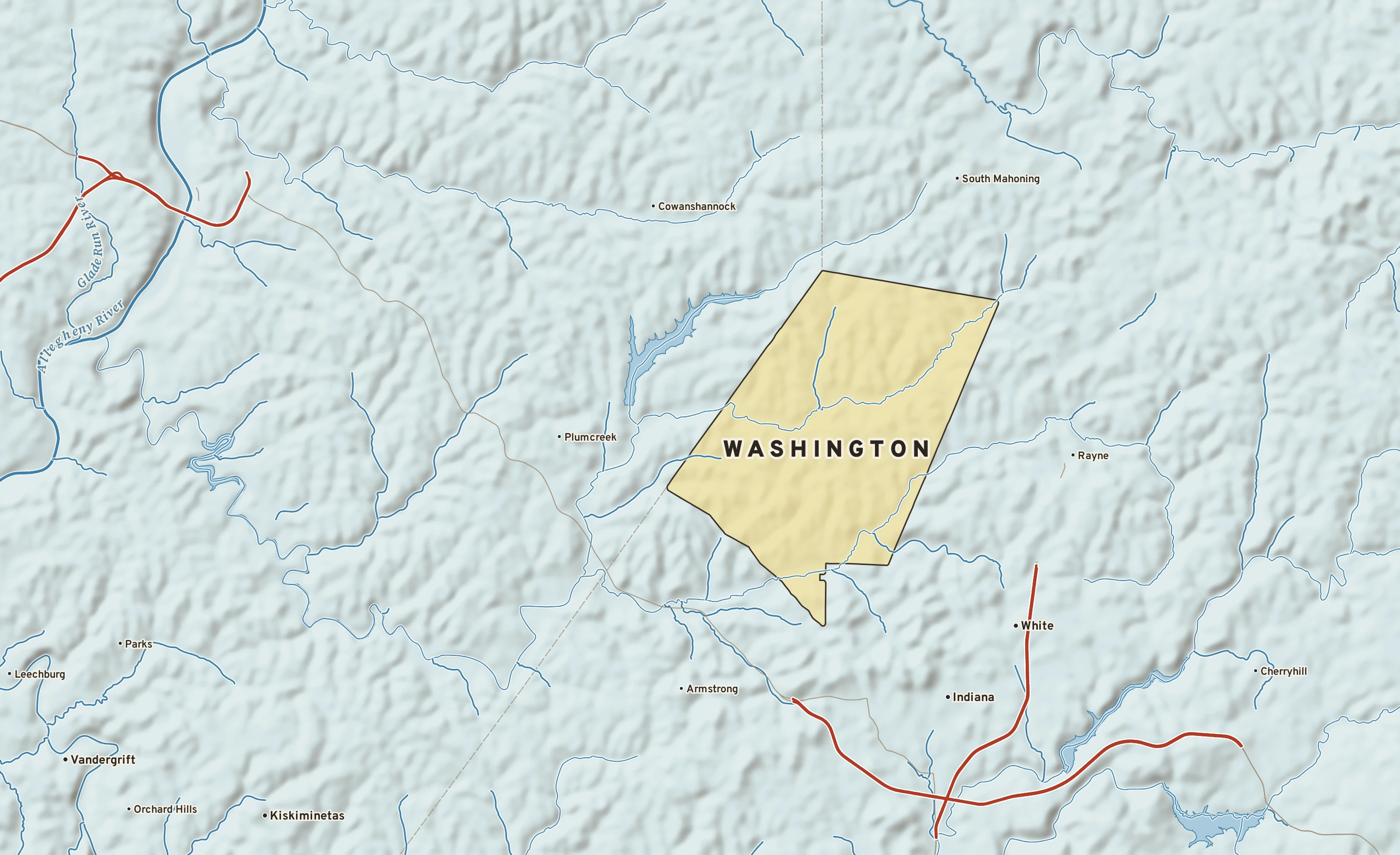 Shaded-relief atlas plate of Washington, Pennsylvania: rivers, roads, the city limits and where the water drains.