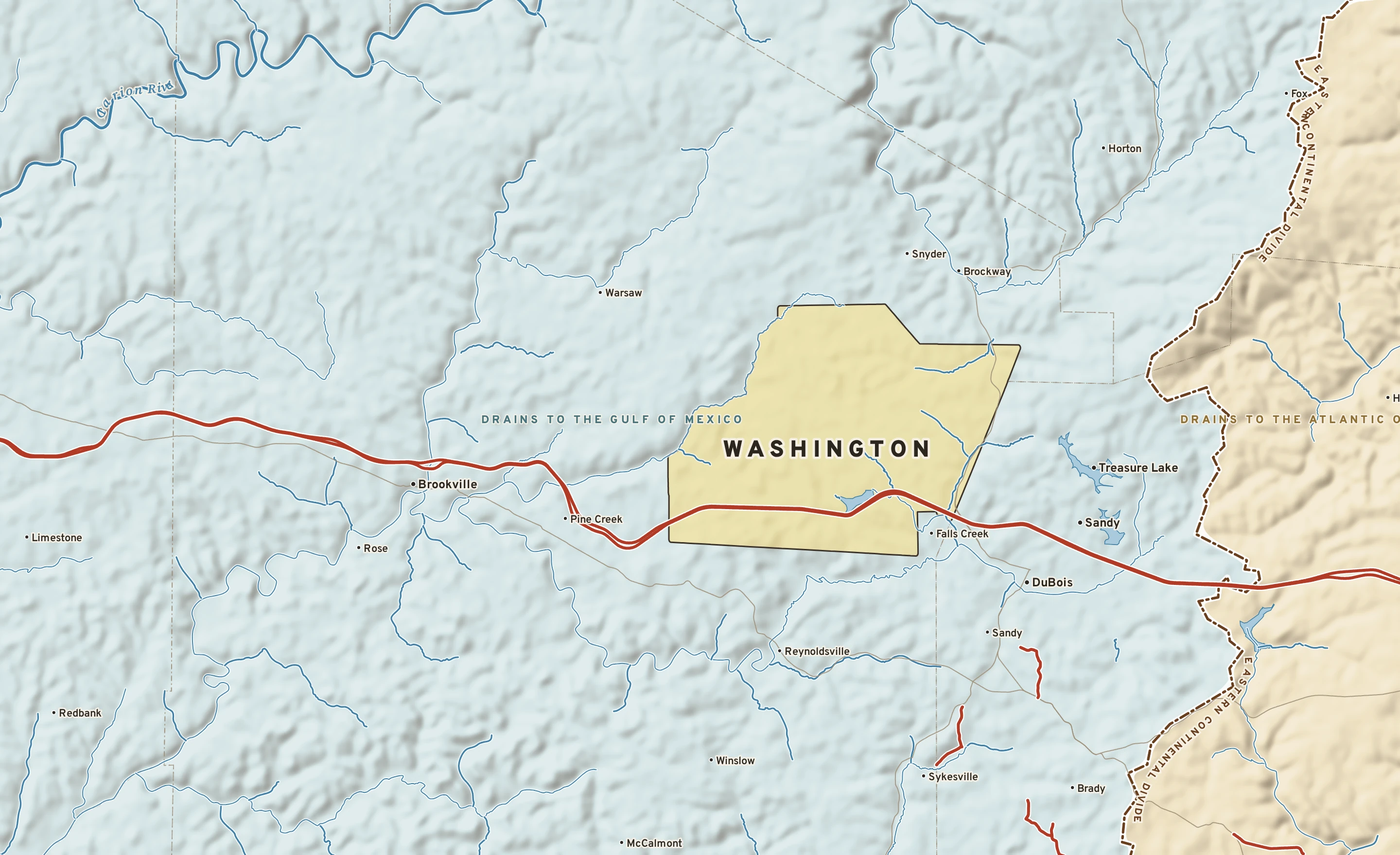 Shaded-relief atlas plate of Washington, Pennsylvania: rivers, roads, the city limits and where the water drains.
