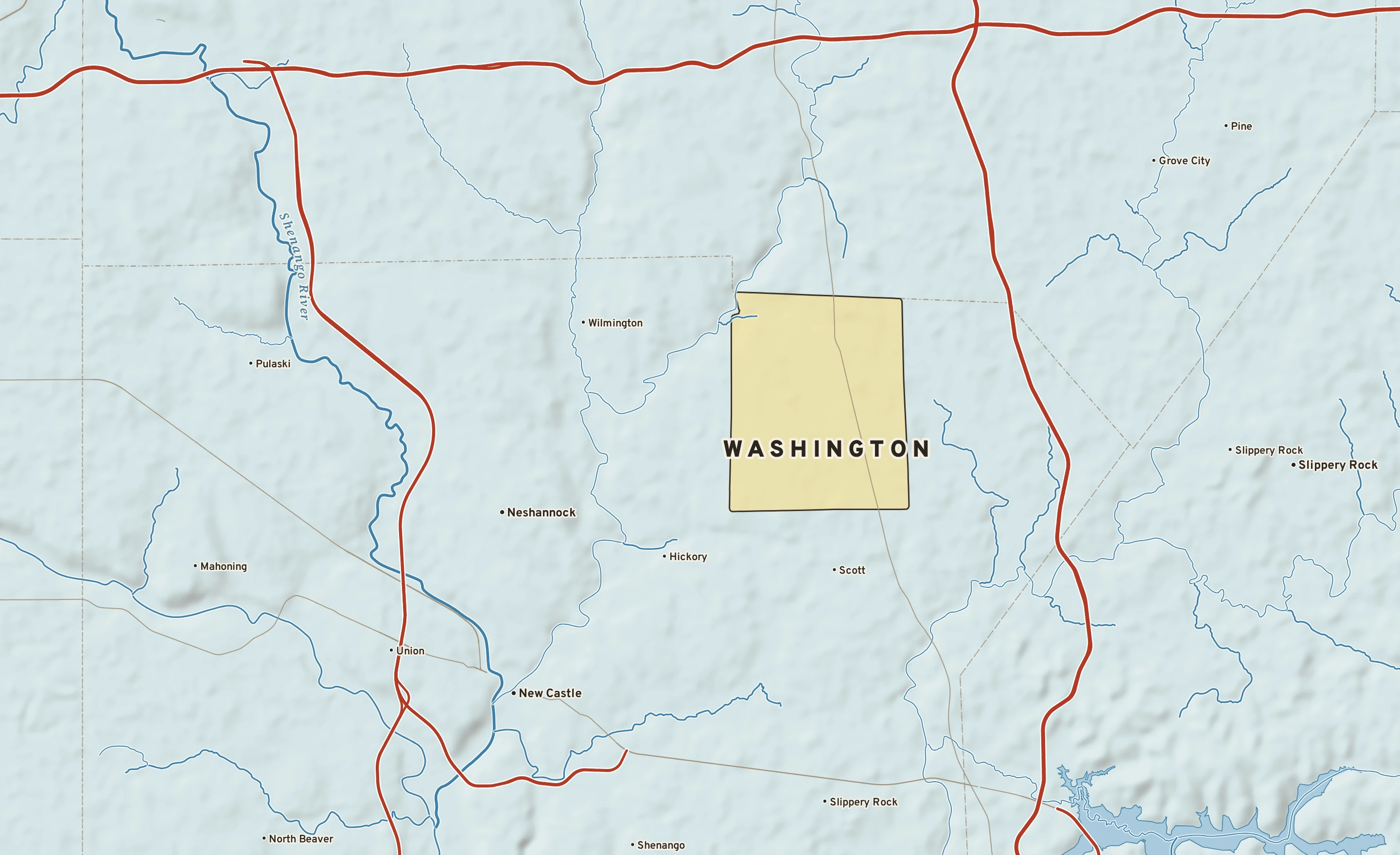 Shaded-relief atlas plate of Washington, Pennsylvania: rivers, roads, the city limits and where the water drains.
