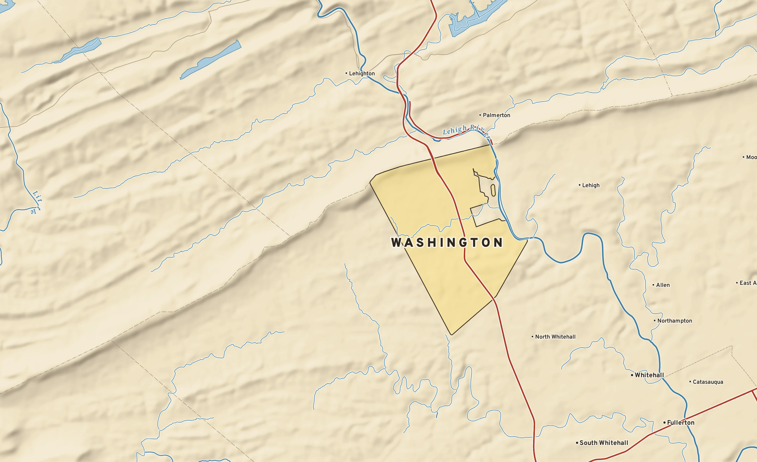 Shaded-relief atlas plate of Washington, Pennsylvania: rivers, roads, the city limits and where the water drains.