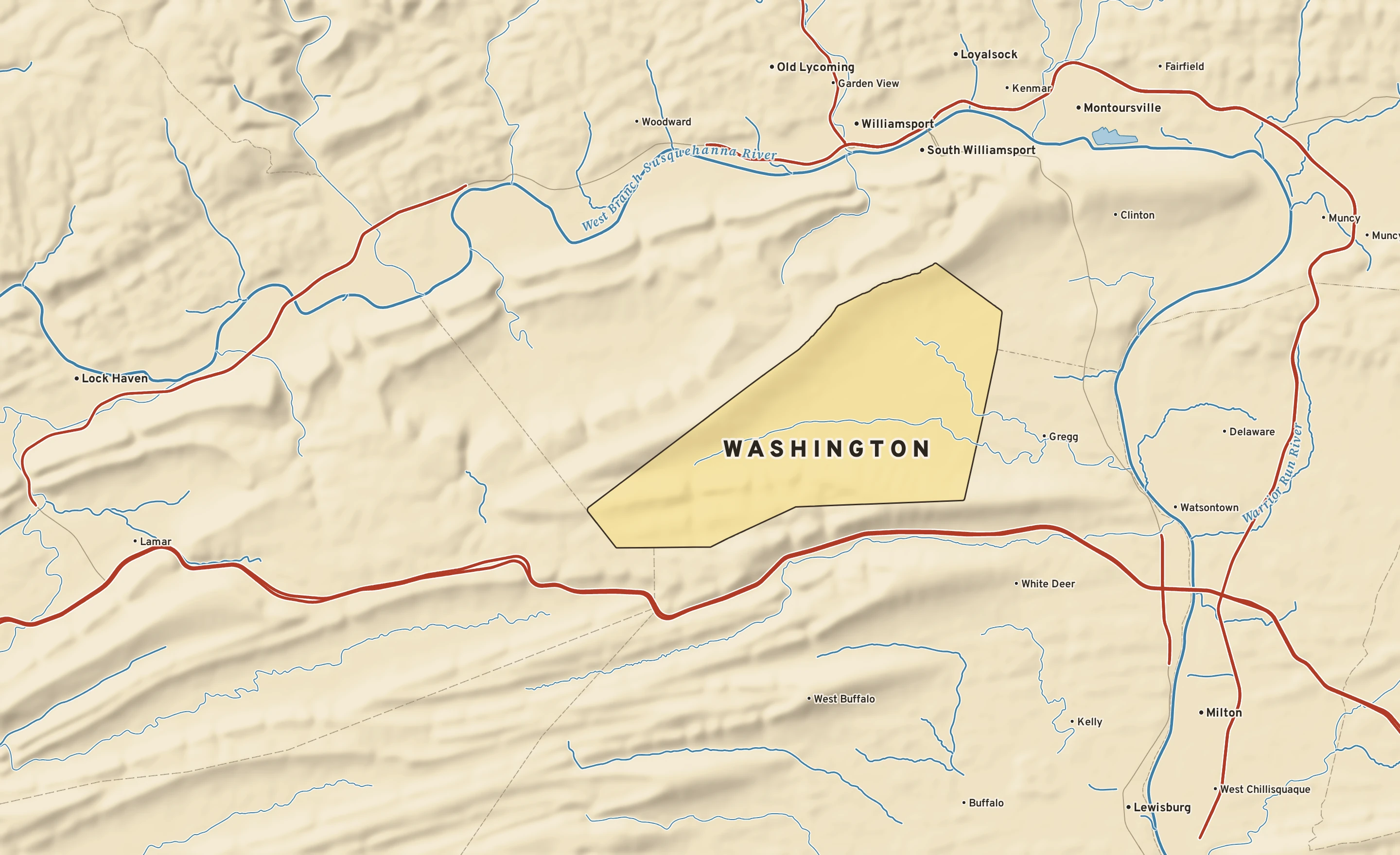 Shaded-relief atlas plate of Washington, Pennsylvania: rivers, roads, the city limits and where the water drains.