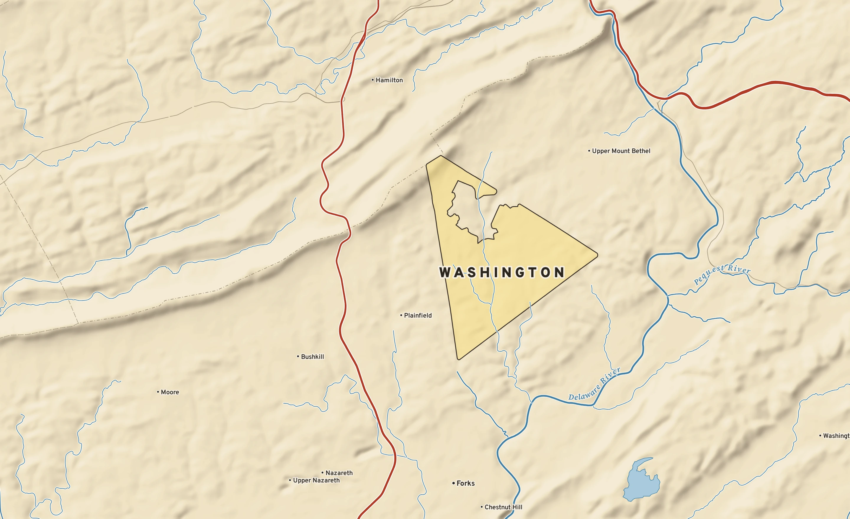 Shaded-relief atlas plate of Washington, Pennsylvania: rivers, roads, the city limits and where the water drains.