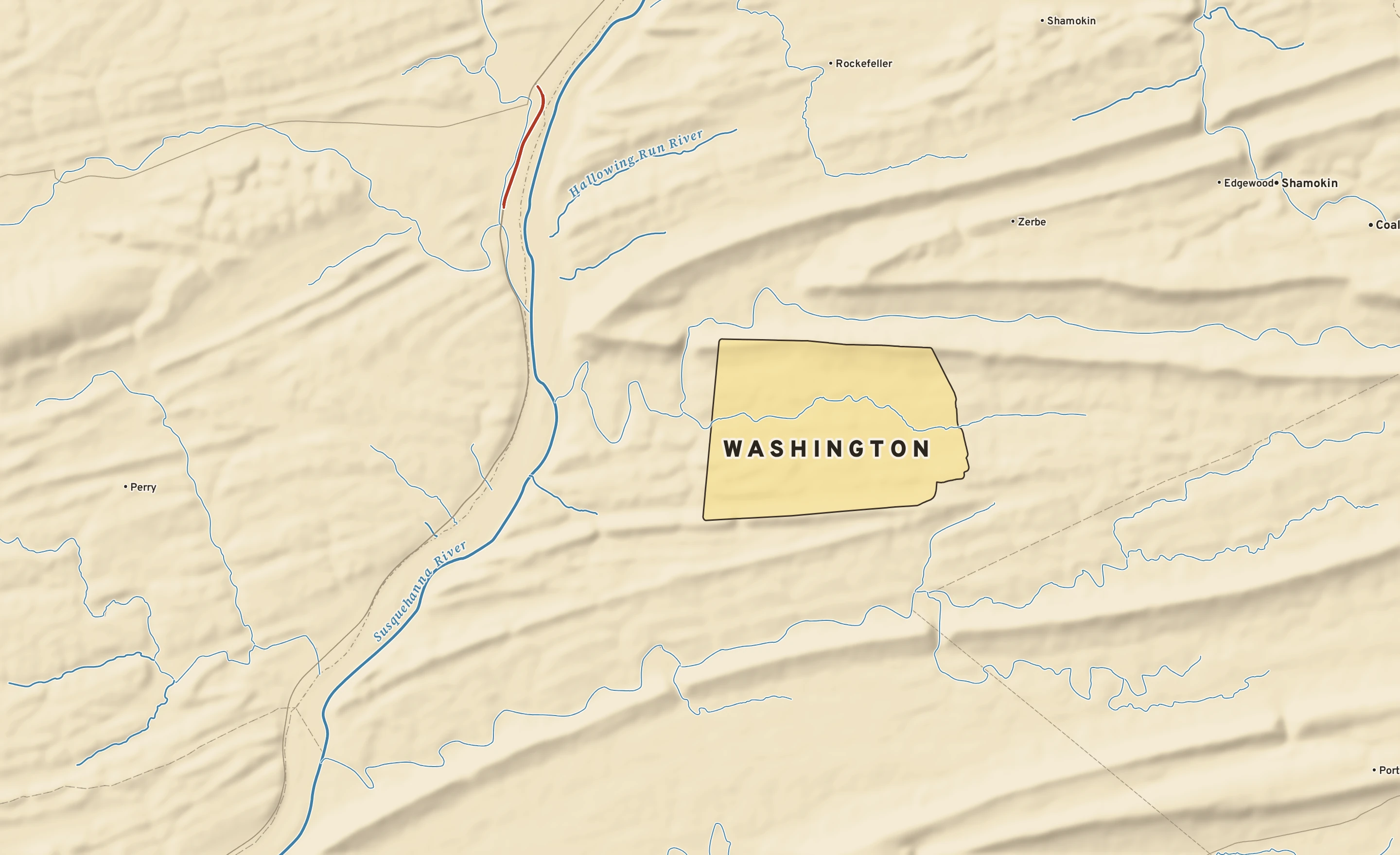 Shaded-relief atlas plate of Washington, Pennsylvania: rivers, roads, the city limits and where the water drains.