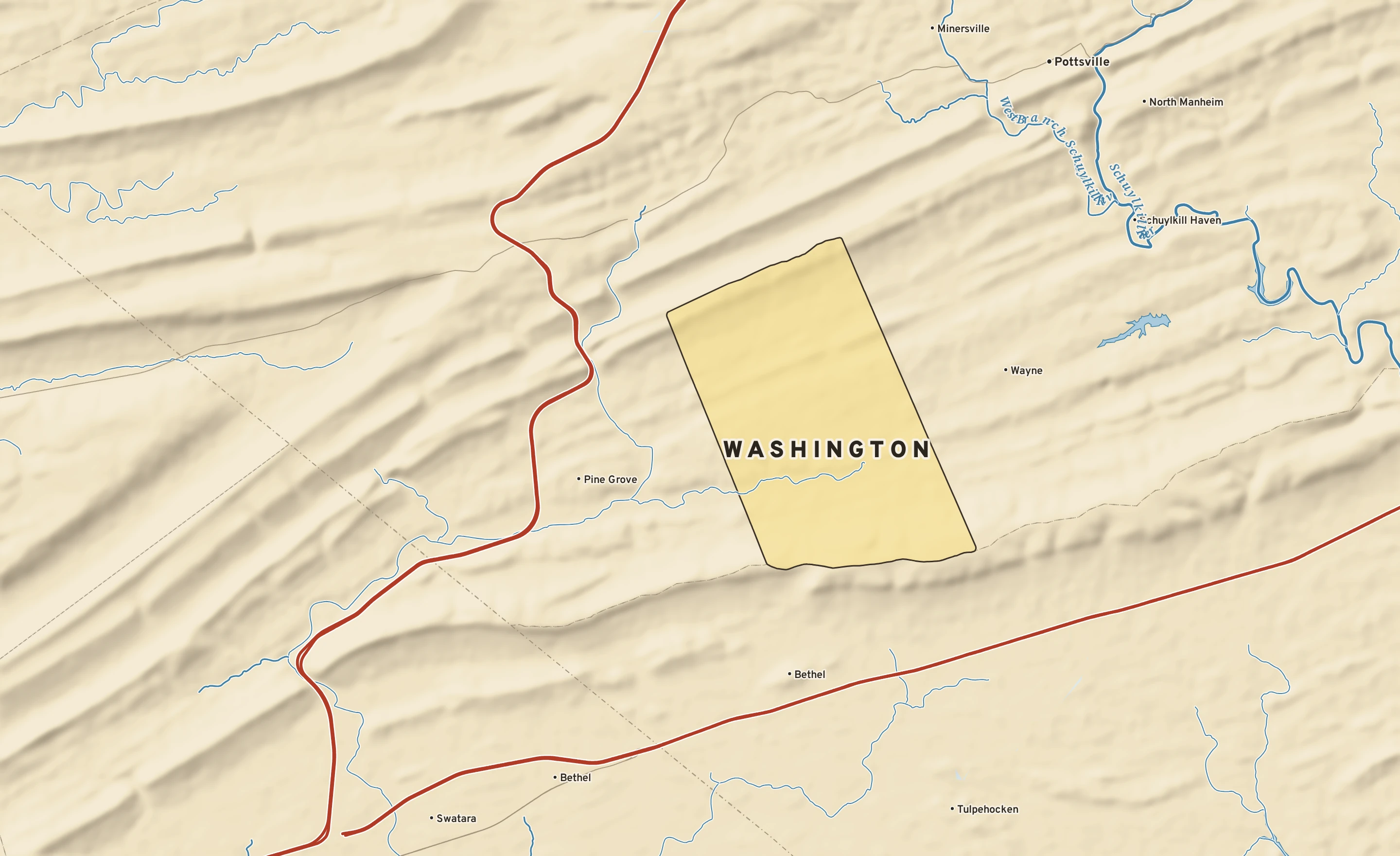 Shaded-relief atlas plate of Washington, Pennsylvania: rivers, roads, the city limits and where the water drains.