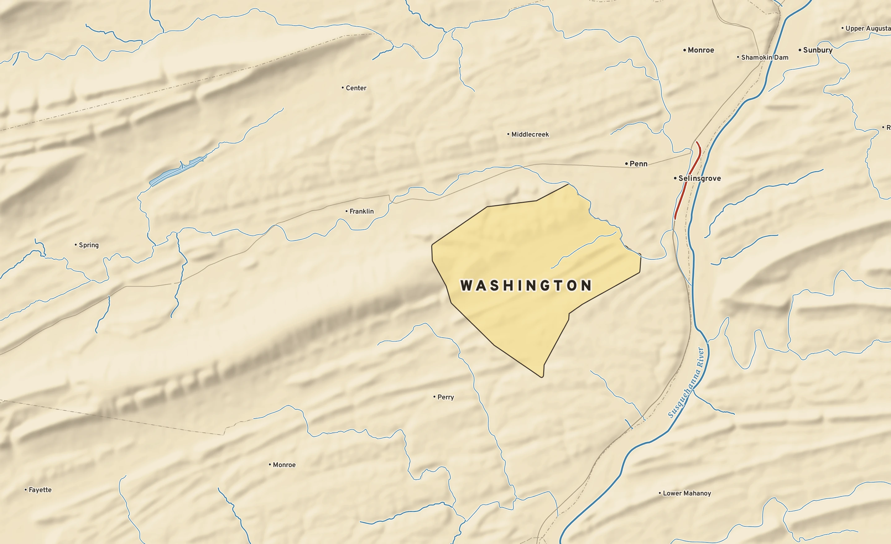 Shaded-relief atlas plate of Washington, Pennsylvania: rivers, roads, the city limits and where the water drains.