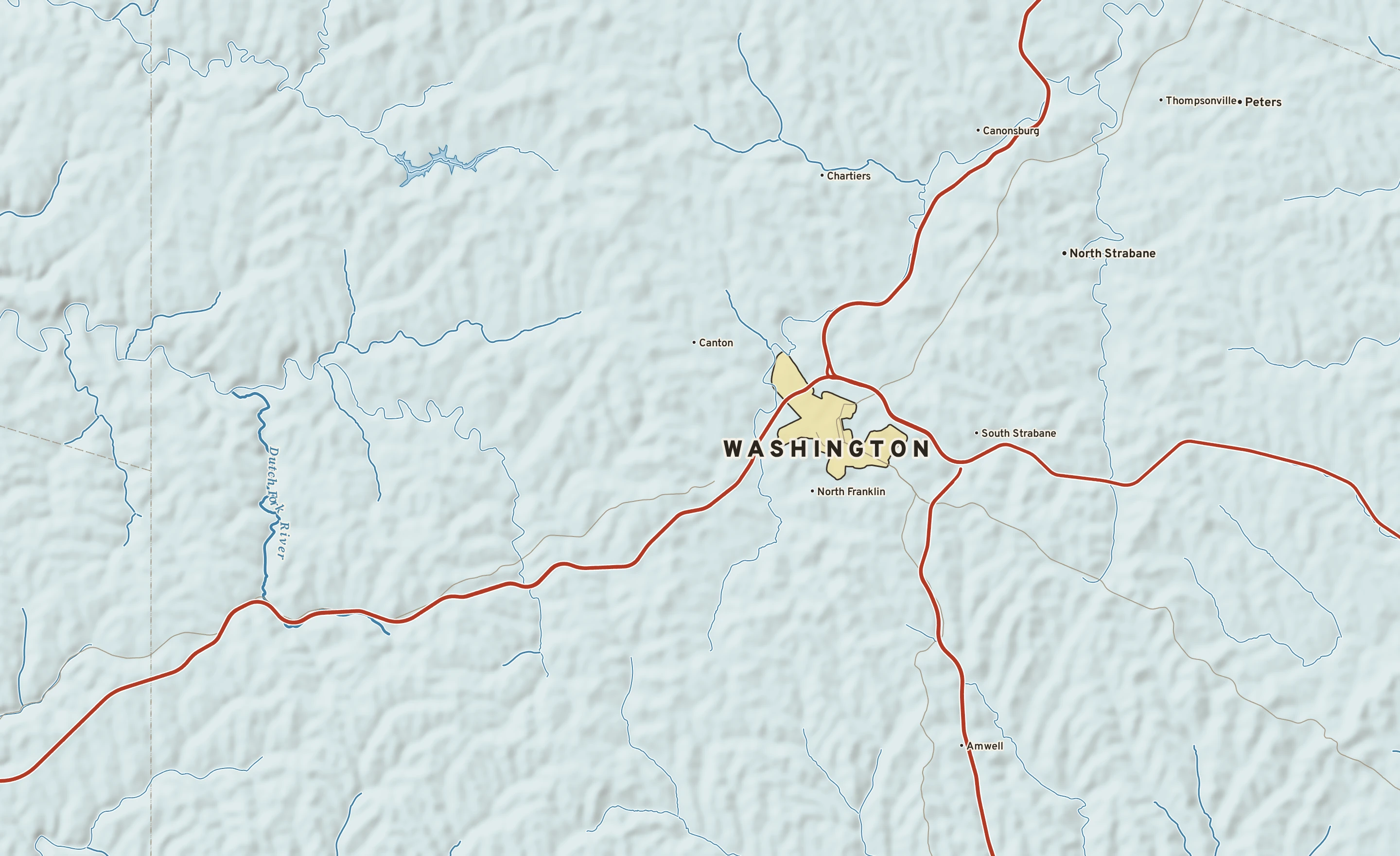 Shaded-relief atlas plate of Washington, Pennsylvania: rivers, roads, the city limits and where the water drains.