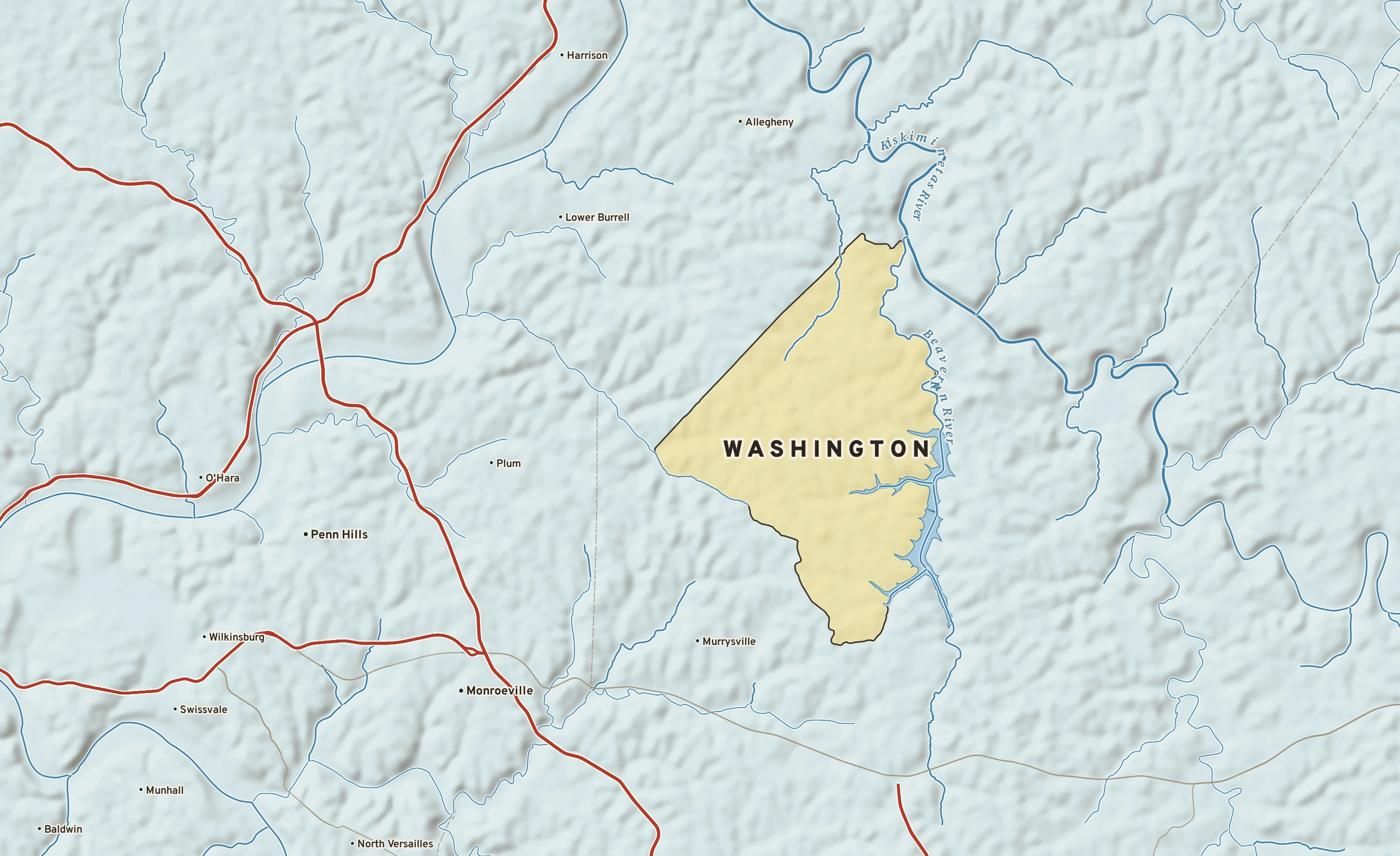Shaded-relief atlas plate of Washington, Pennsylvania: rivers, roads, the city limits and where the water drains.