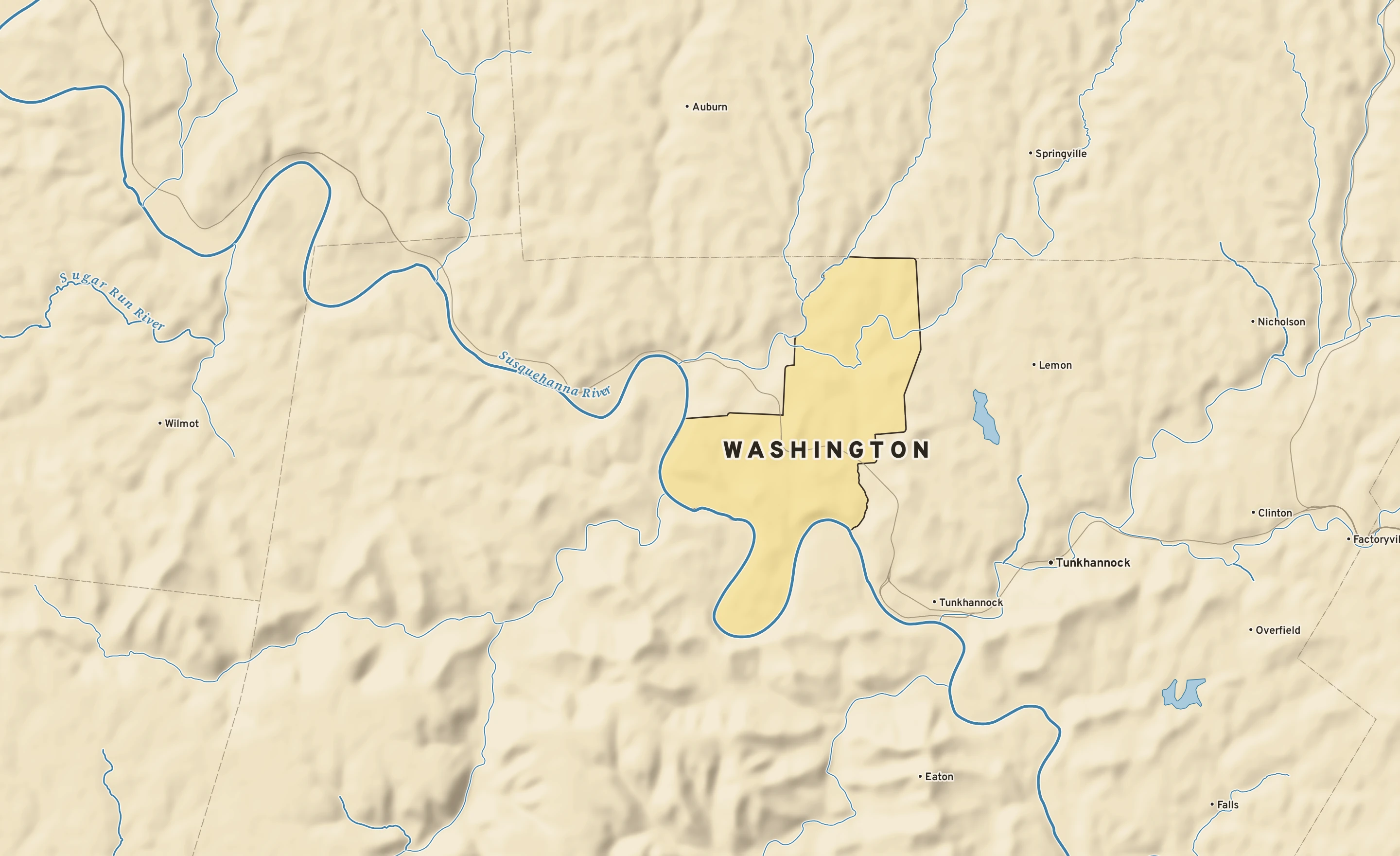 Shaded-relief atlas plate of Washington, Pennsylvania: rivers, roads, the city limits and where the water drains.