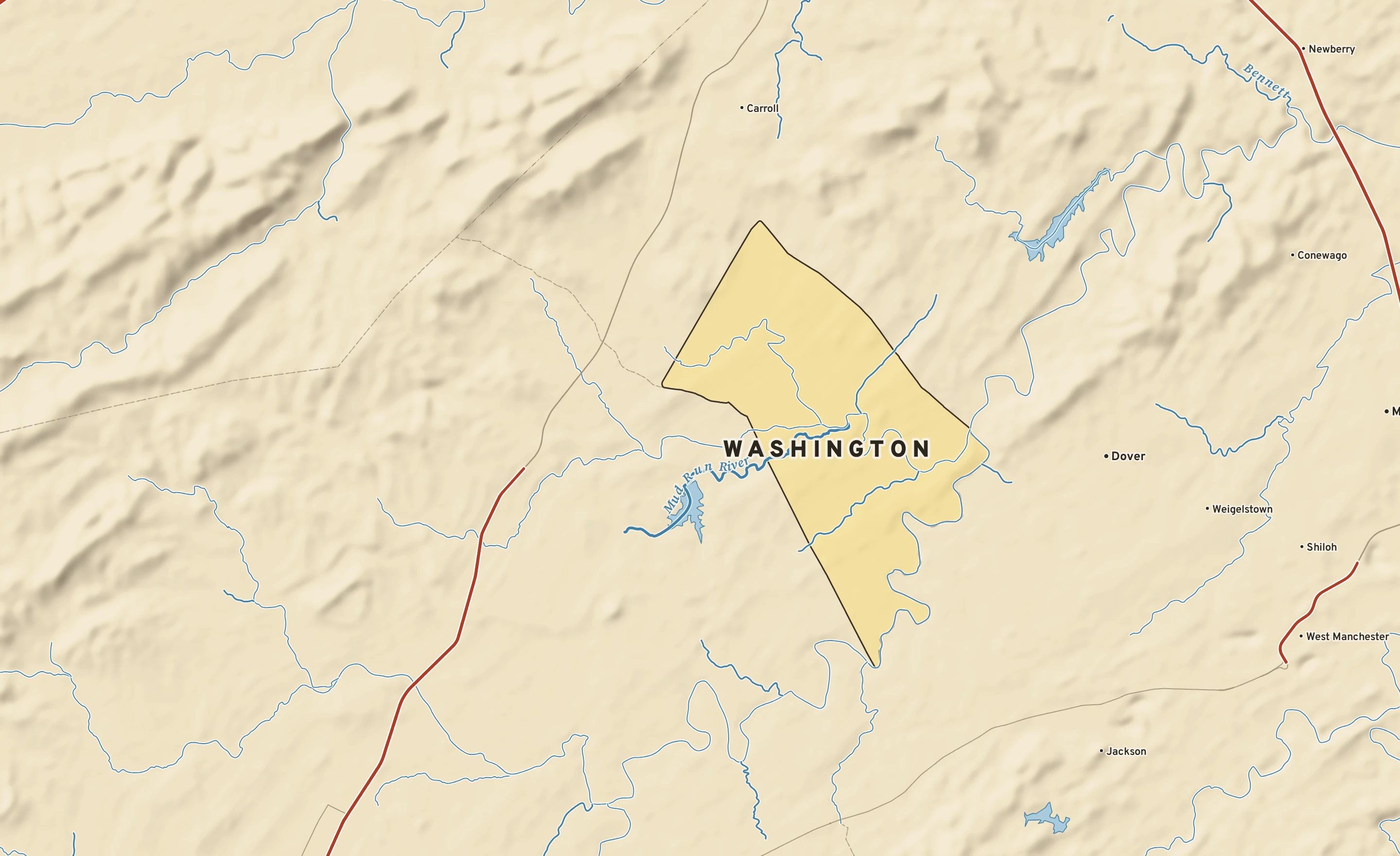 Shaded-relief atlas plate of Washington, Pennsylvania: rivers, roads, the city limits and where the water drains.