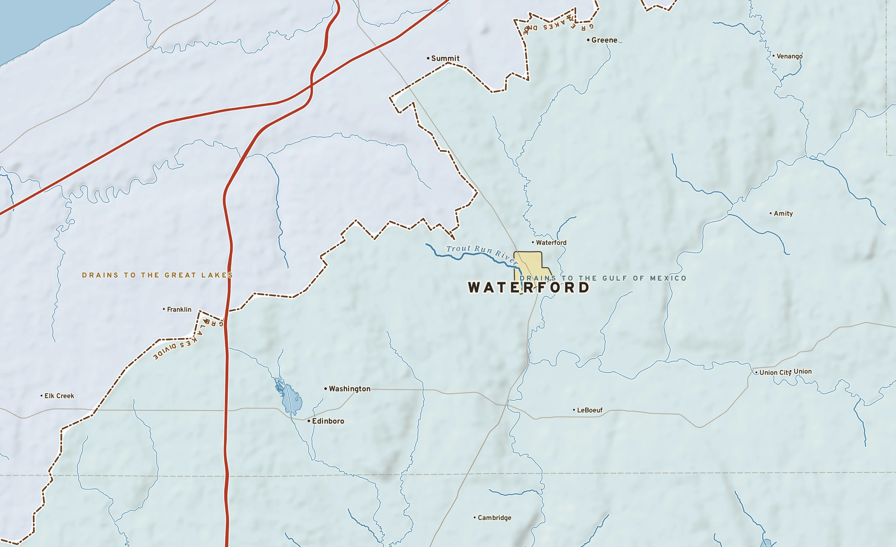 Shaded-relief atlas plate of Waterford, Pennsylvania: rivers, roads, the city limits and where the water drains.