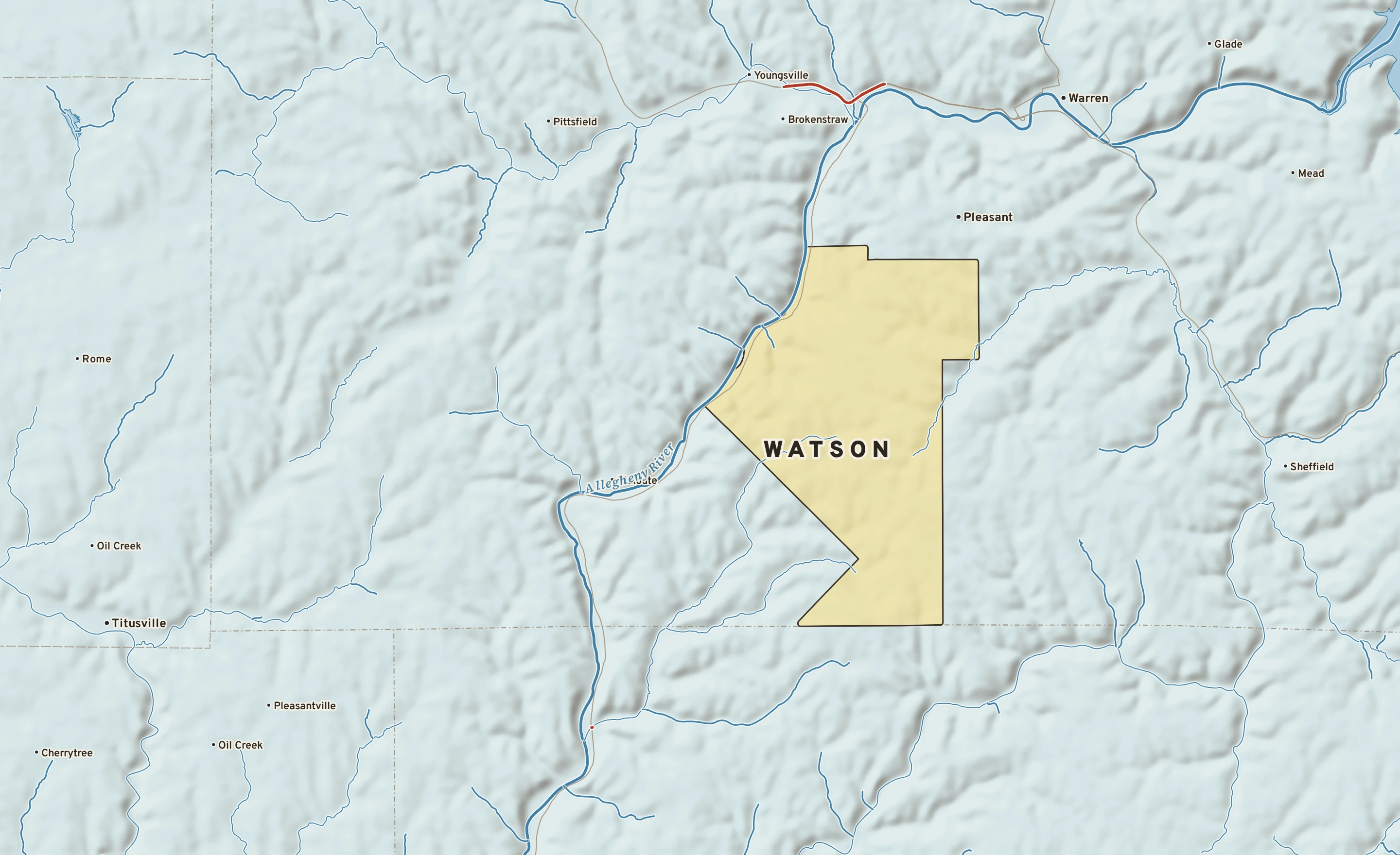Shaded-relief atlas plate of Watson, Pennsylvania: rivers, roads, the city limits and where the water drains.