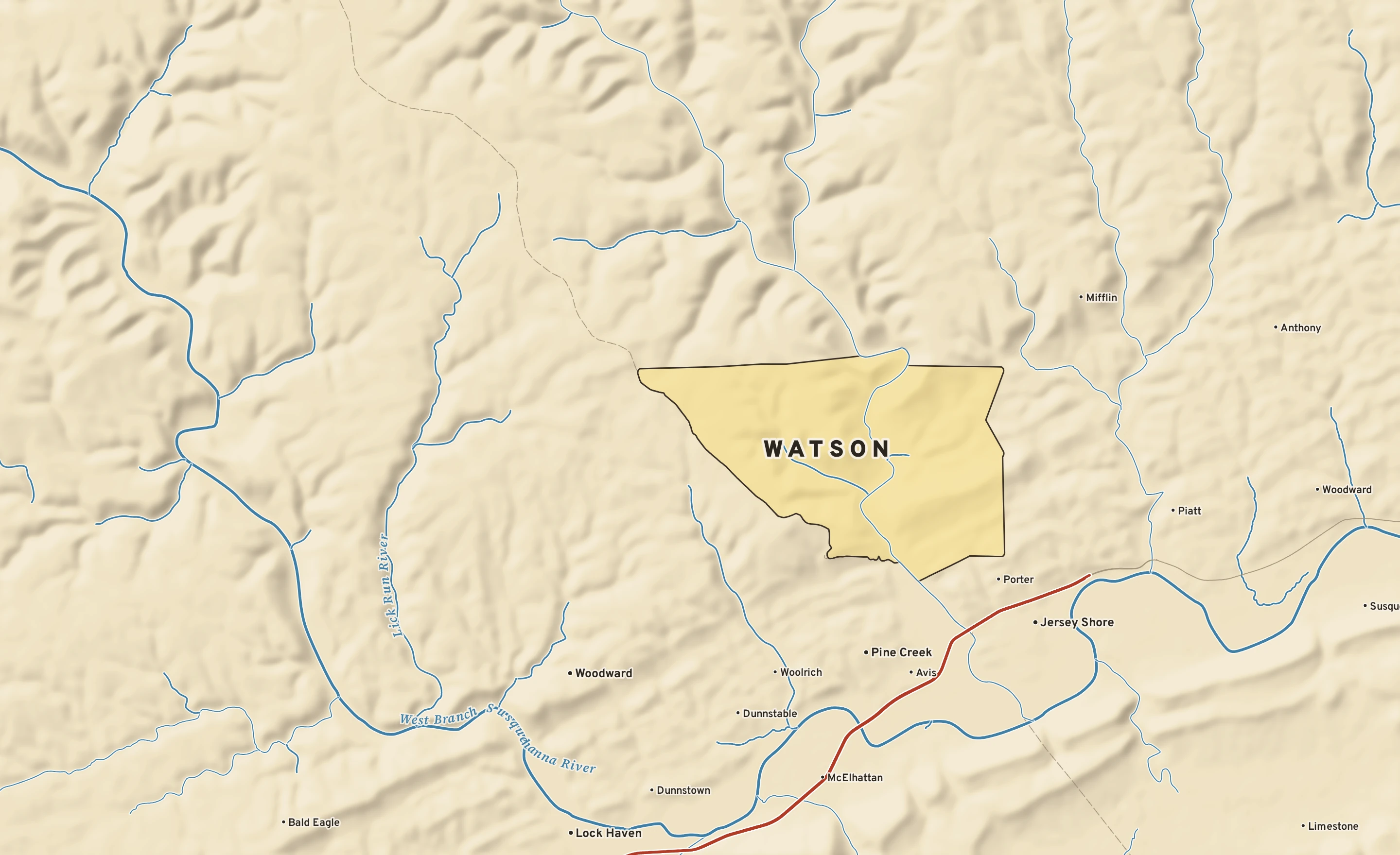 Shaded-relief atlas plate of Watson, Pennsylvania: rivers, roads, the city limits and where the water drains.