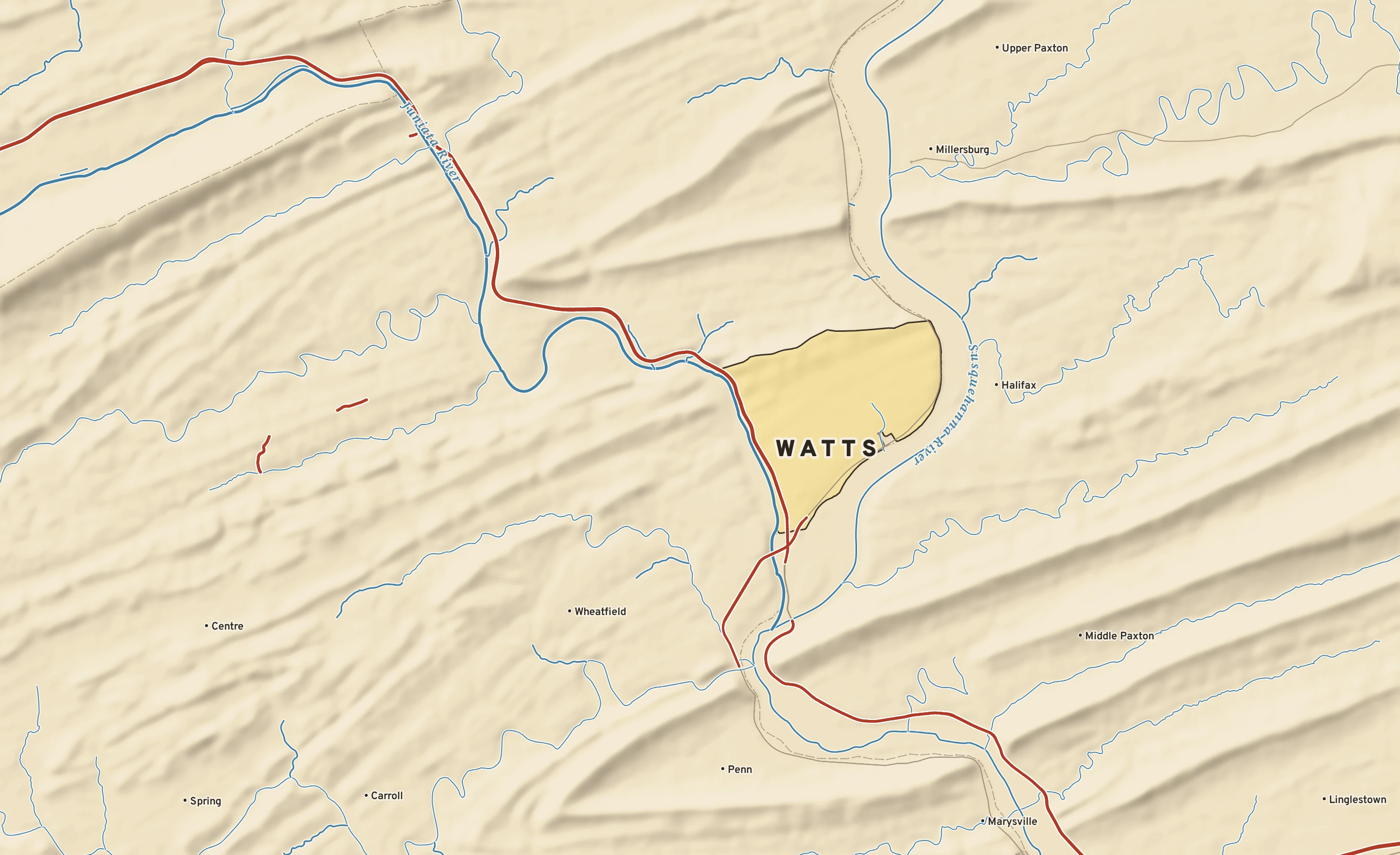 Shaded-relief atlas plate of Watts, Pennsylvania: rivers, roads, the city limits and where the water drains.