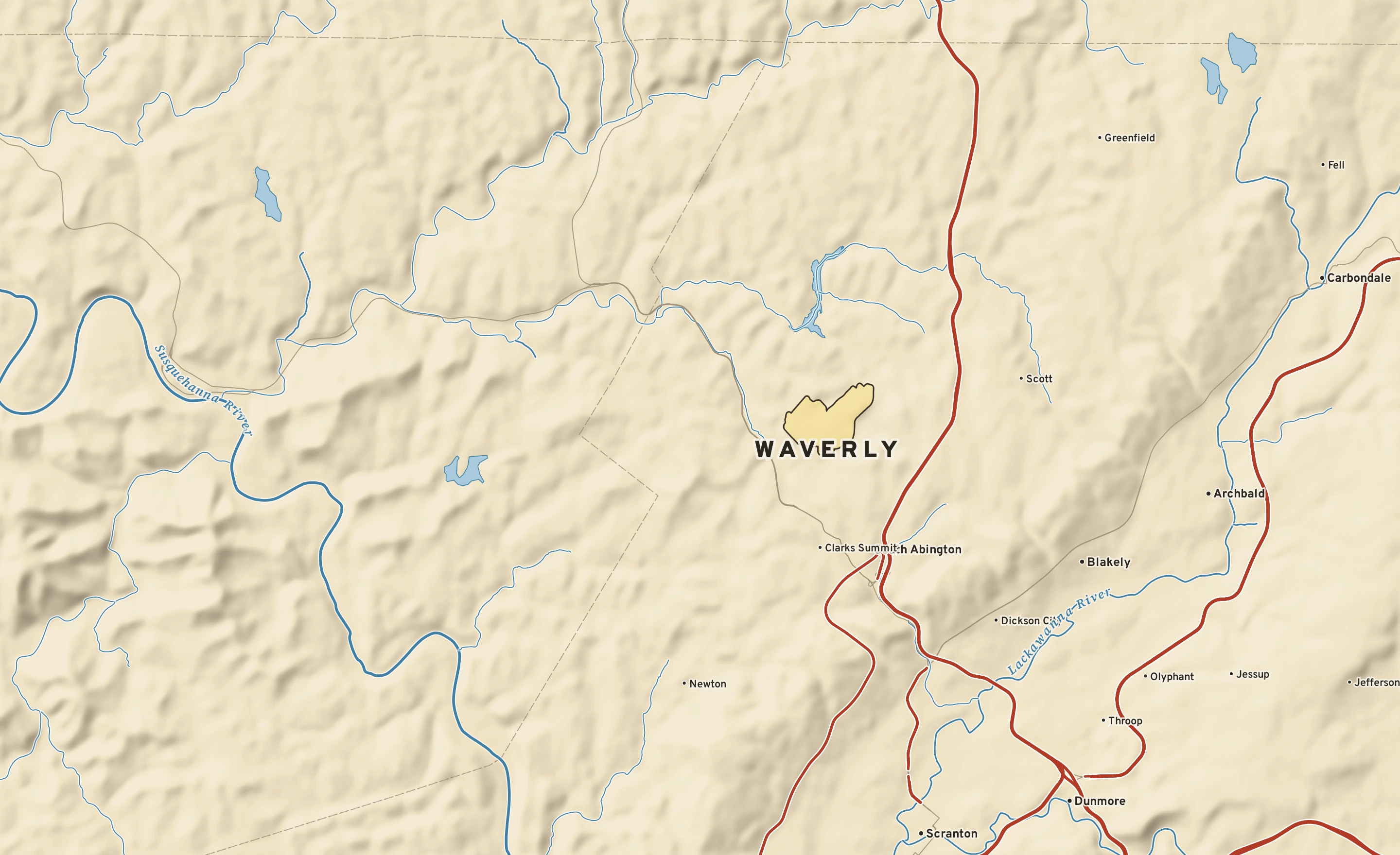 Shaded-relief atlas plate of Waverly, Pennsylvania: rivers, roads, the city limits and where the water drains.