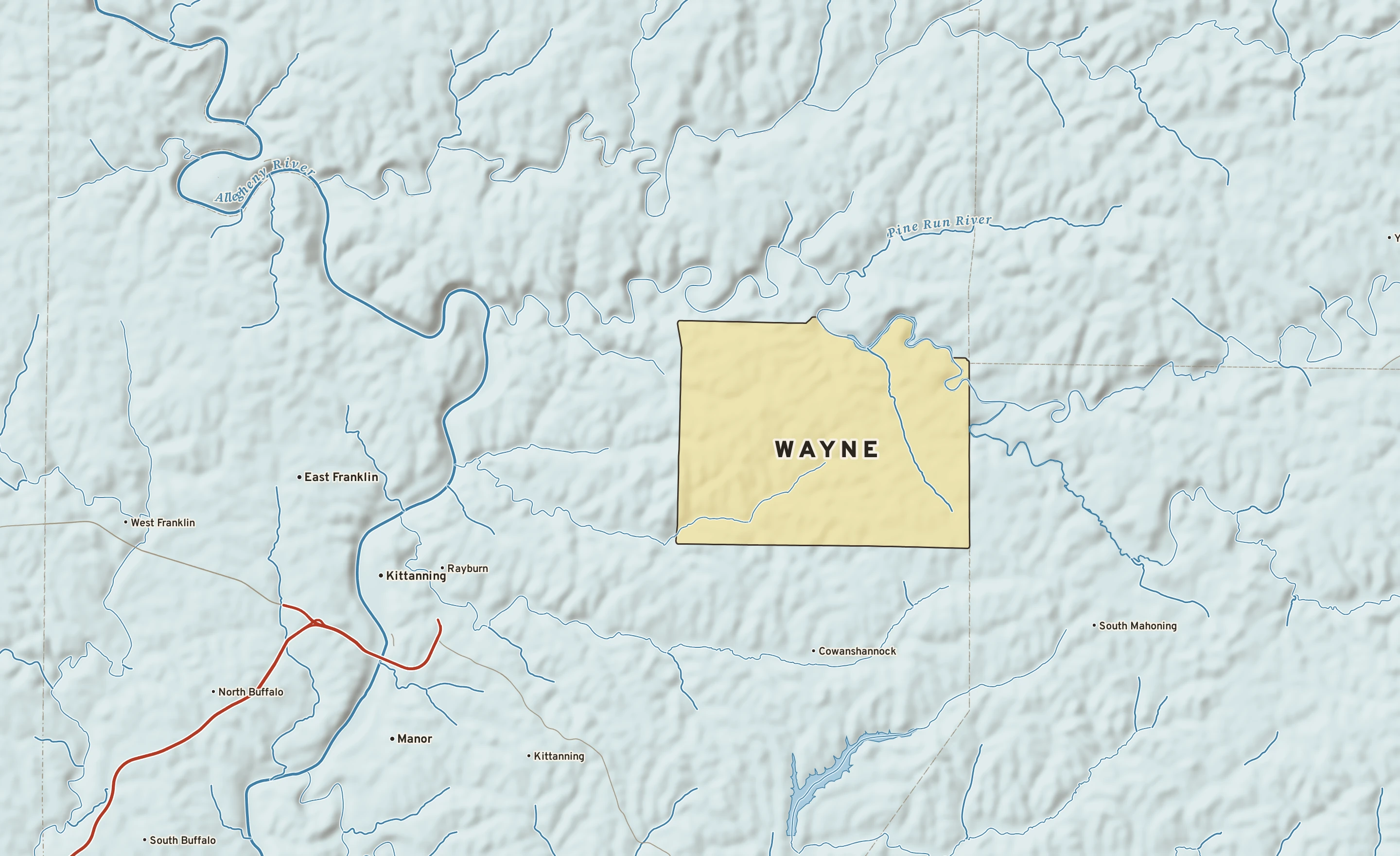 Shaded-relief atlas plate of Wayne, Pennsylvania: rivers, roads, the city limits and where the water drains.