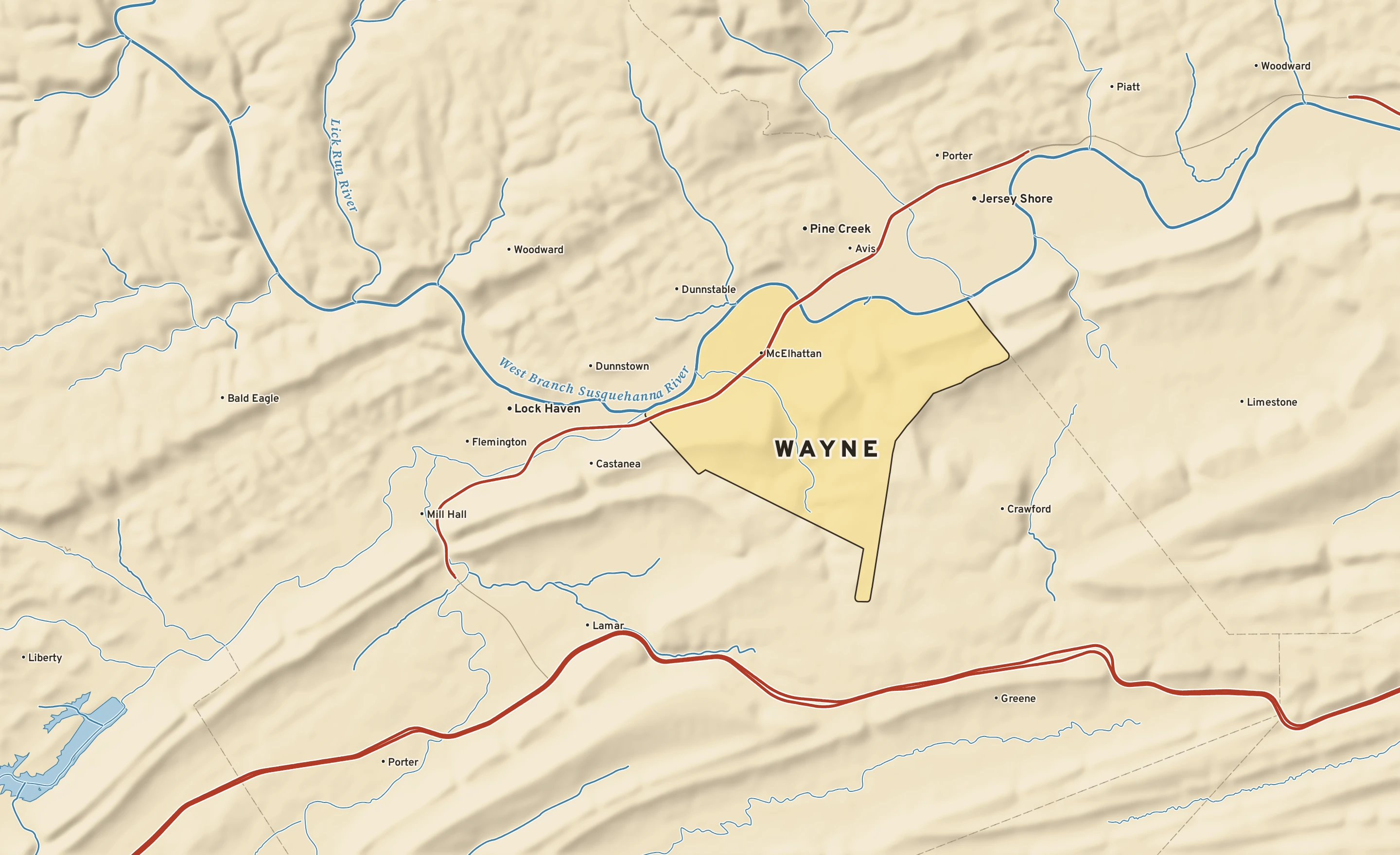 Shaded-relief atlas plate of Wayne, Pennsylvania: rivers, roads, the city limits and where the water drains.