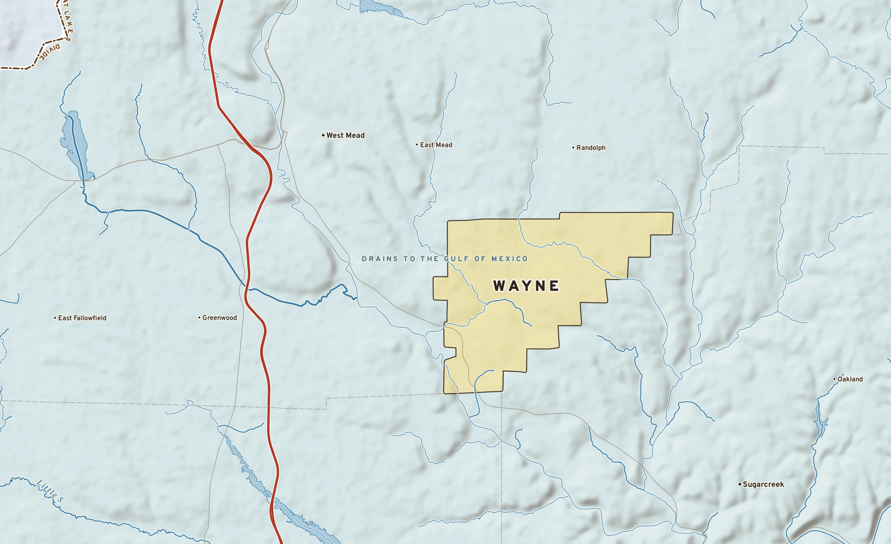 Shaded-relief atlas plate of Wayne, Pennsylvania: rivers, roads, the city limits and where the water drains.