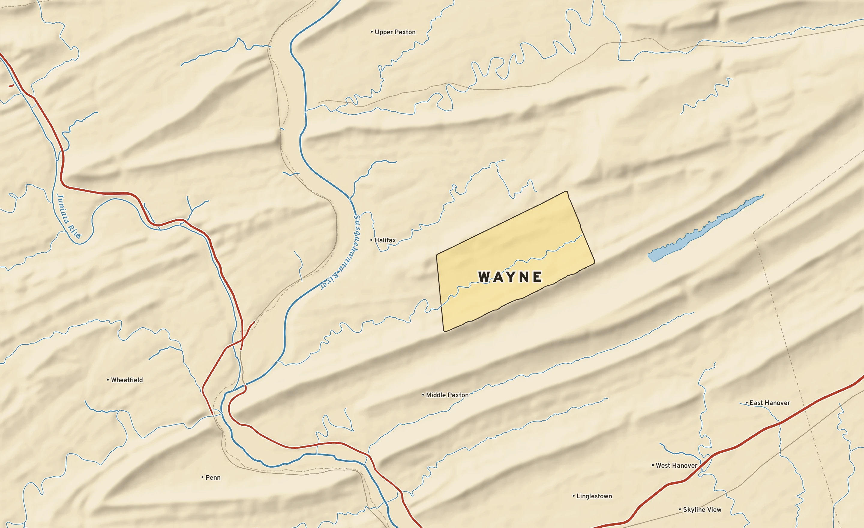 Shaded-relief atlas plate of Wayne, Pennsylvania: rivers, roads, the city limits and where the water drains.
