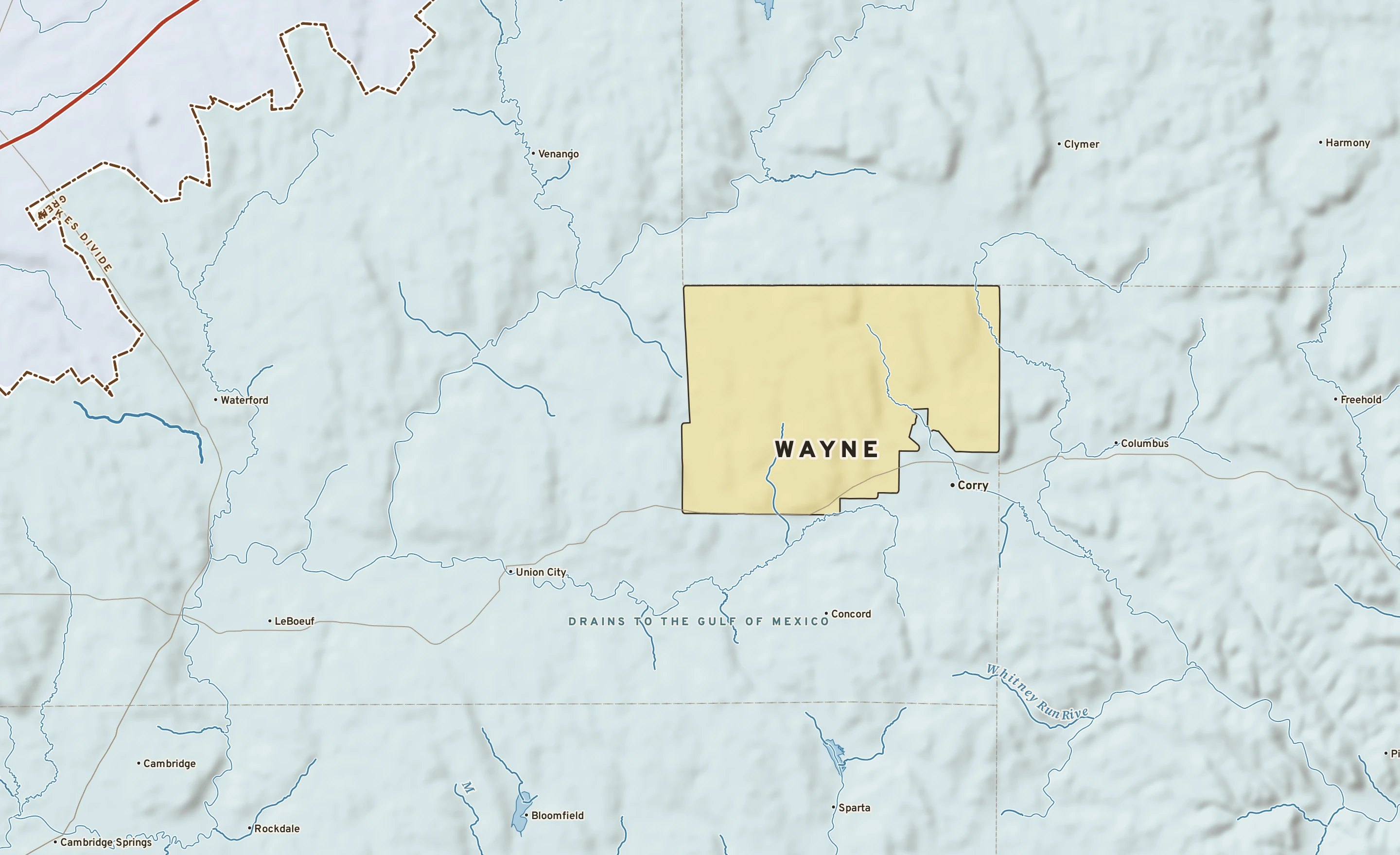 Shaded-relief atlas plate of Wayne, Pennsylvania: rivers, roads, the city limits and where the water drains.