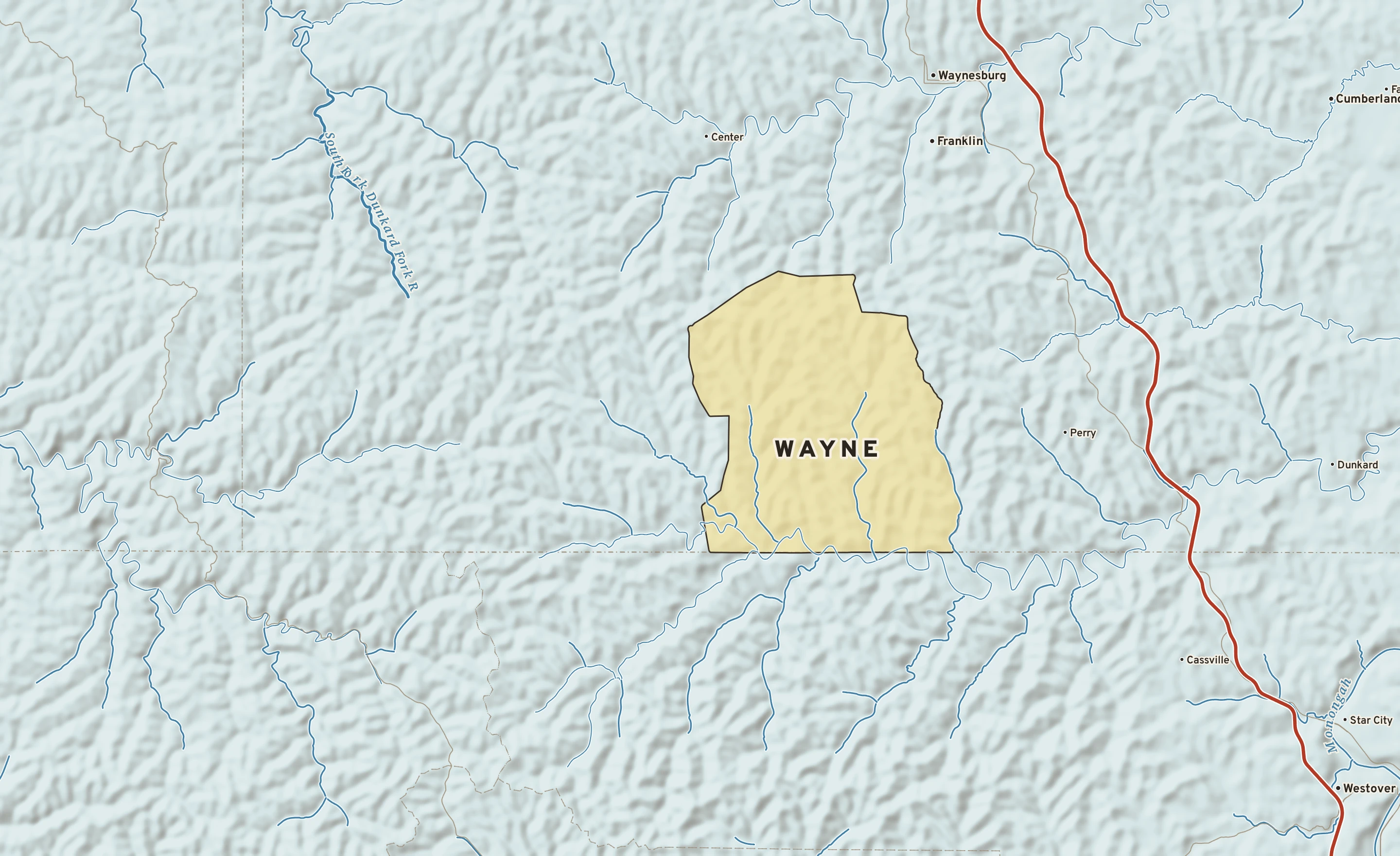 Shaded-relief atlas plate of Wayne, Pennsylvania: rivers, roads, the city limits and where the water drains.